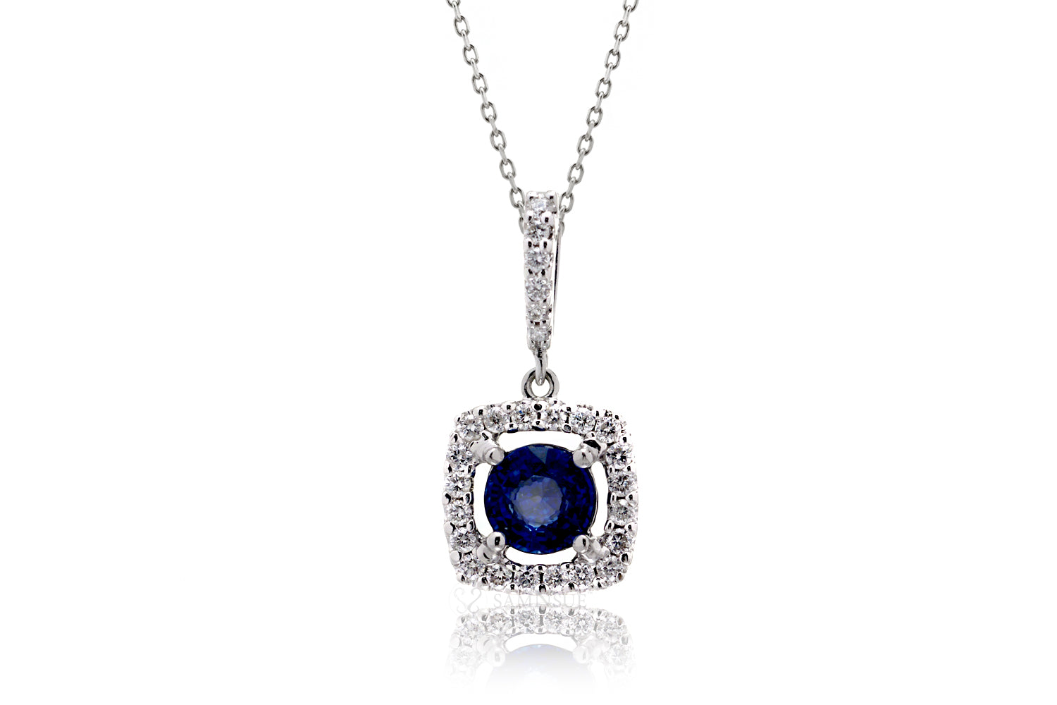 The Round Sapphire With Cushion Diamond Halo Pendant
