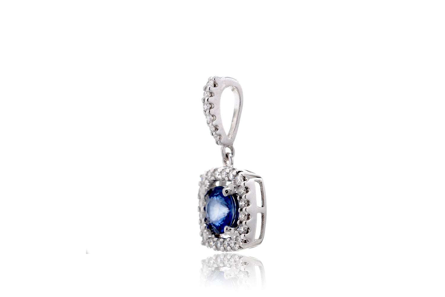 The Round Sapphire With Cushion Diamond Halo Pendant