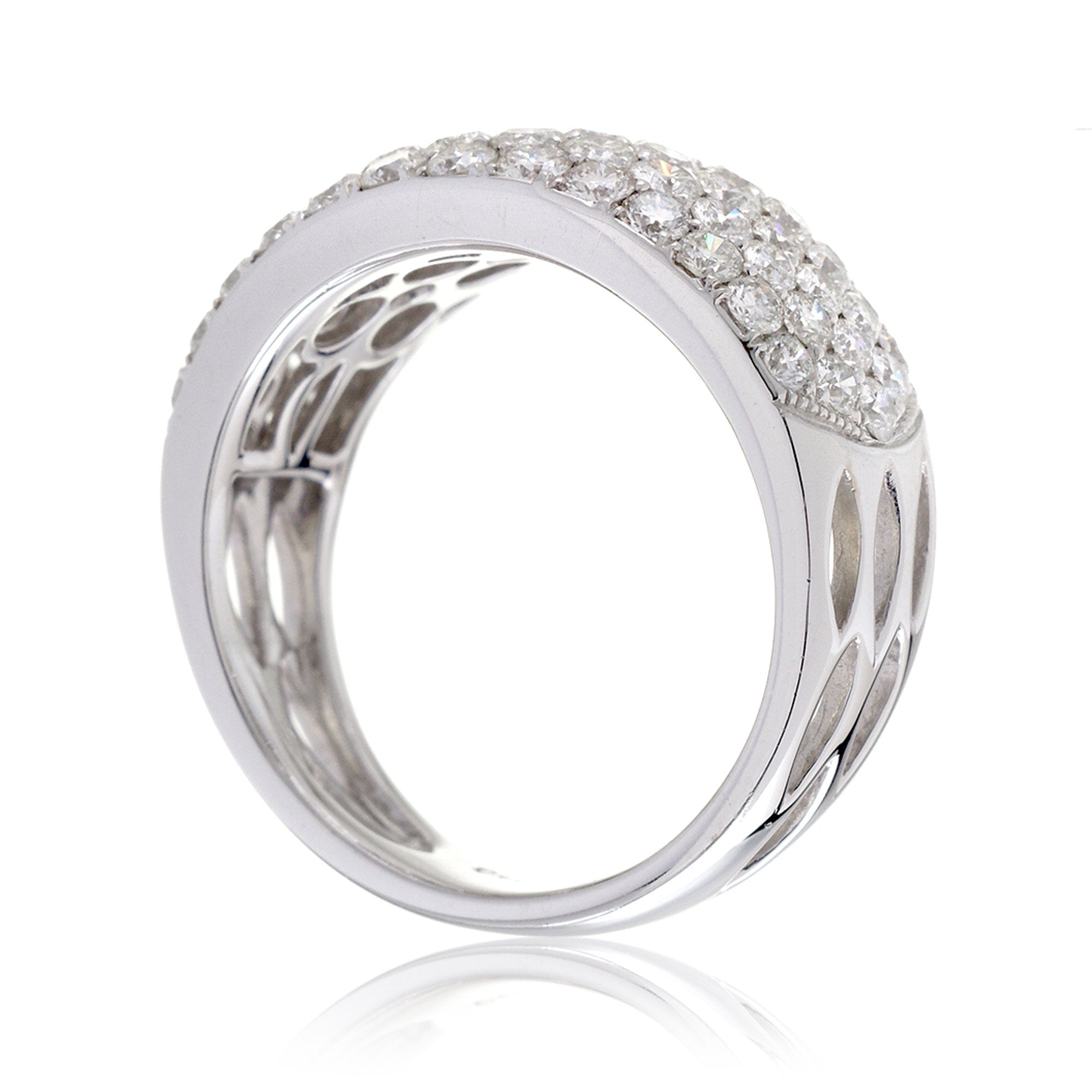 Wide diamond pave dome band tapered in white gold