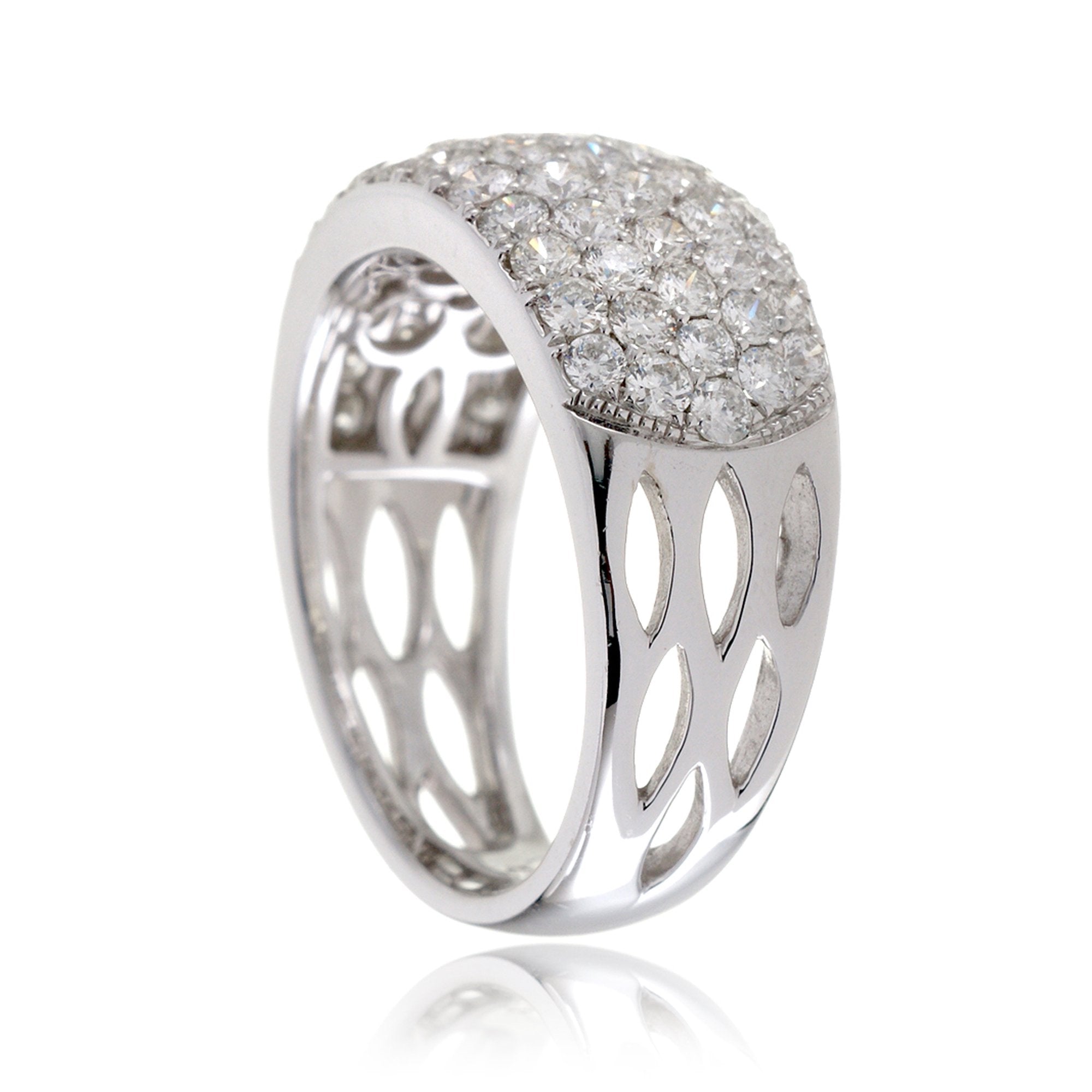 Wide diamond pave dome band tapered in white gold