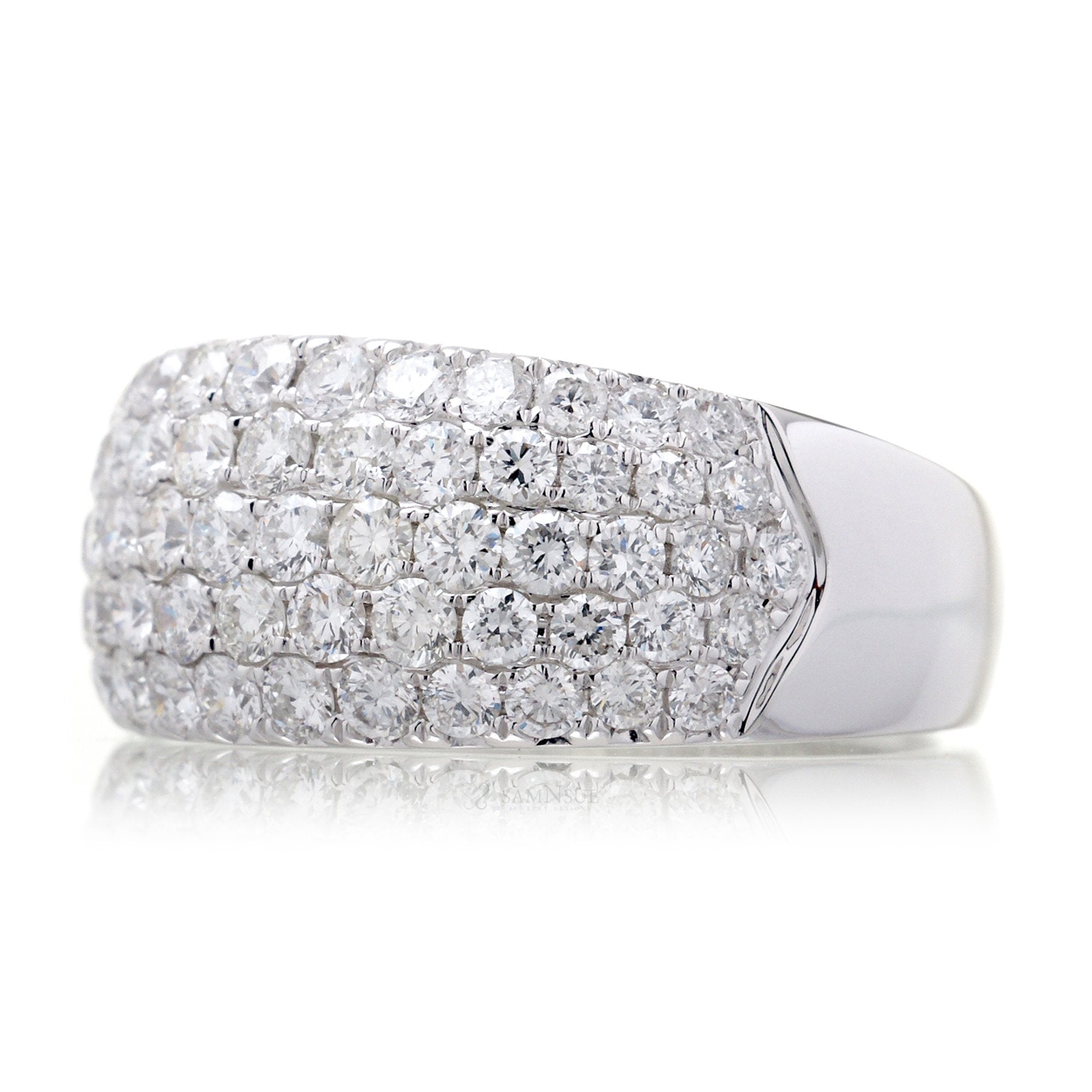 Wide diamond pave dome band tapered in white gold