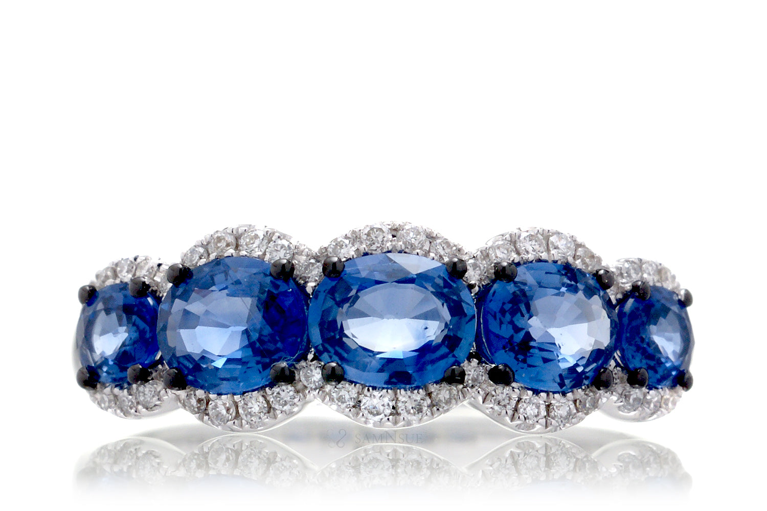 Five Stone Sapphire Anniversary Band With Half Diamond Halo | The Melina East West In White Gold