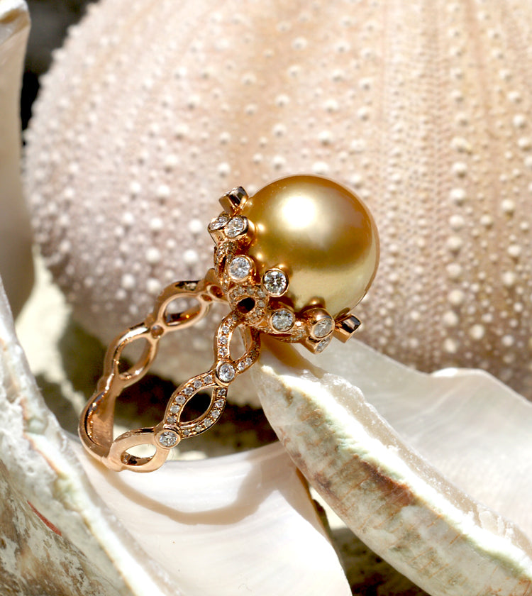 Golden South Sea Pearl Ring with Diamonds 18K Gold 12MM - Once Upon A  Diamond