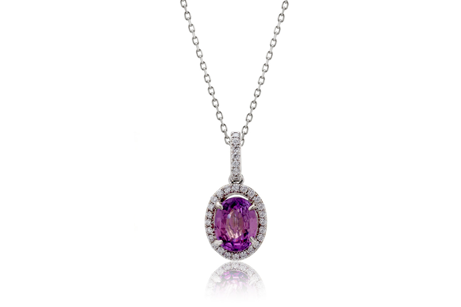 The Oval Grape Sapphire Diamond Halo Pendant