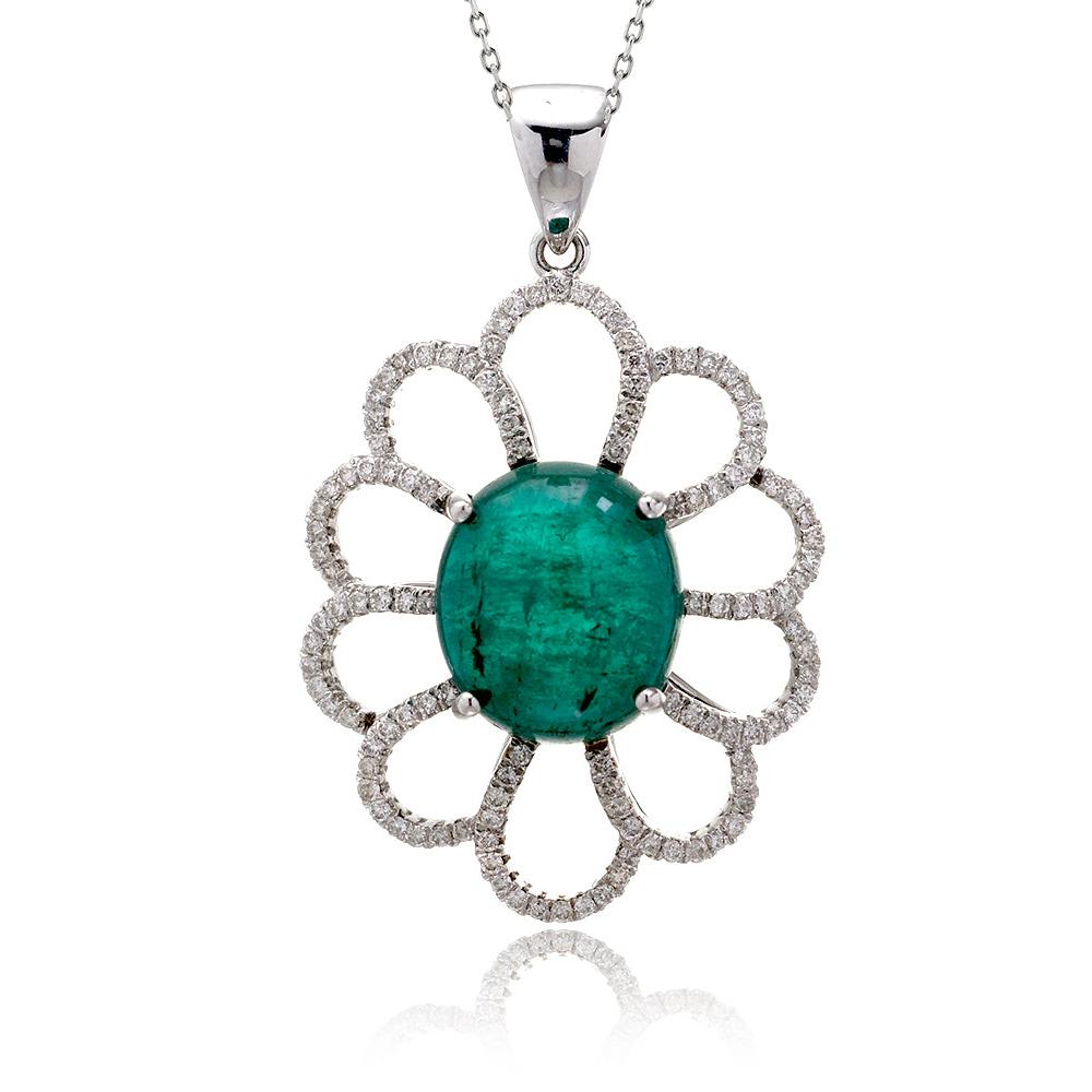 Natural cabochon emerald set in white gold with diamonds floral design pendant