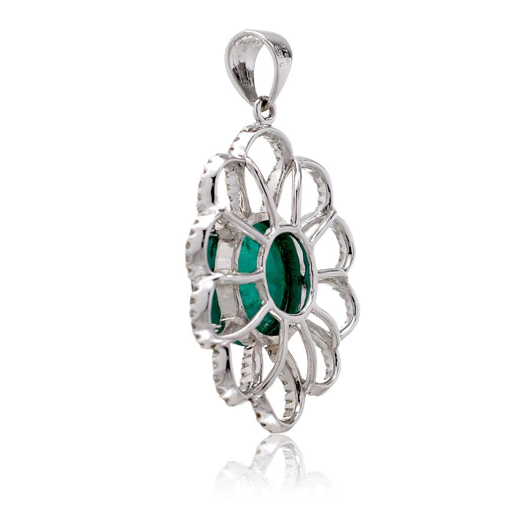 Natural cabochon emerald set in white gold with diamonds floral design pendant