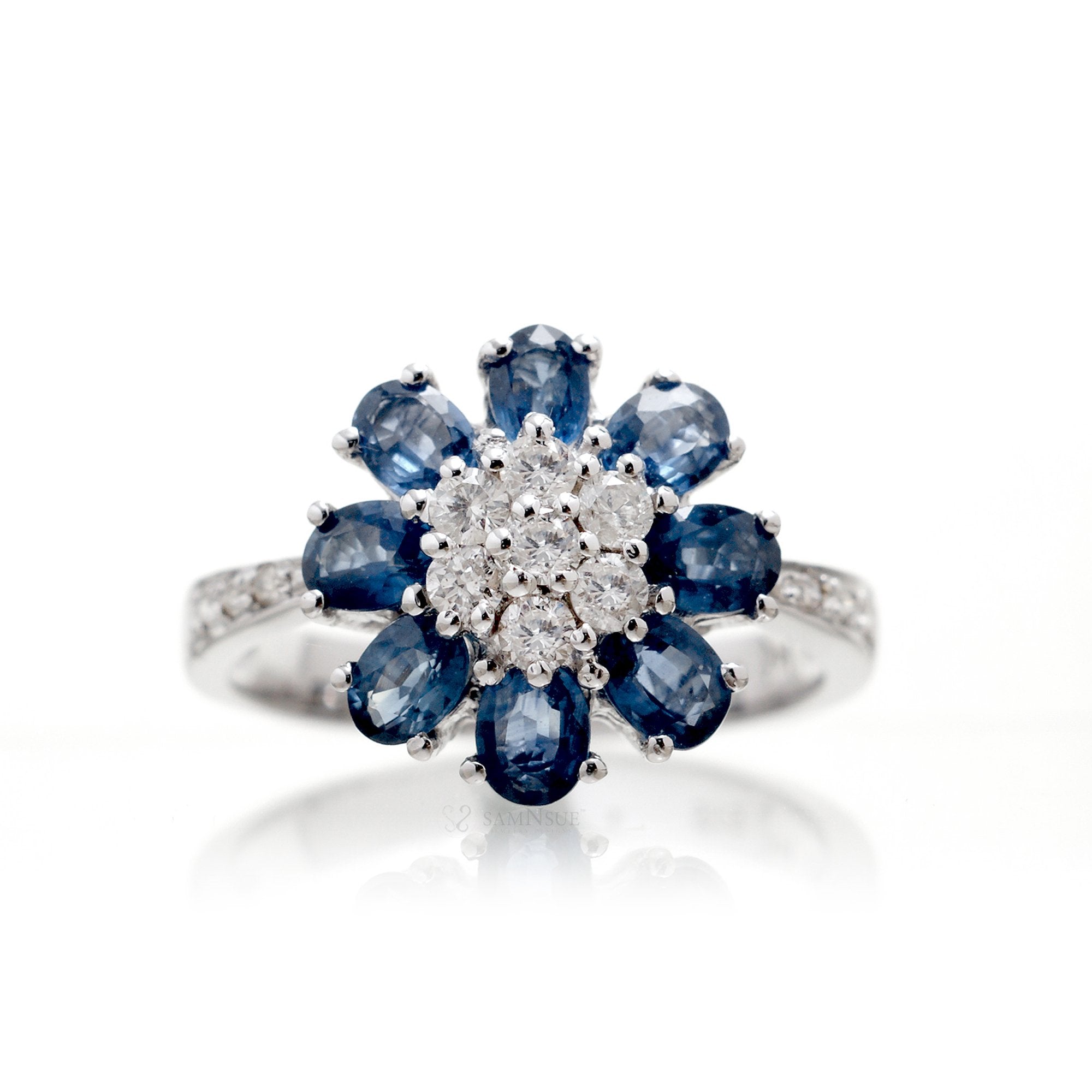 Marguerite sapphire flower diamond ring in white gold