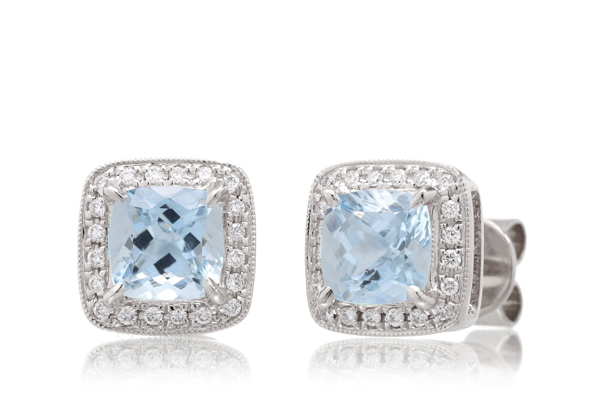 Aquamarine Studs Cushion Diamond Halo