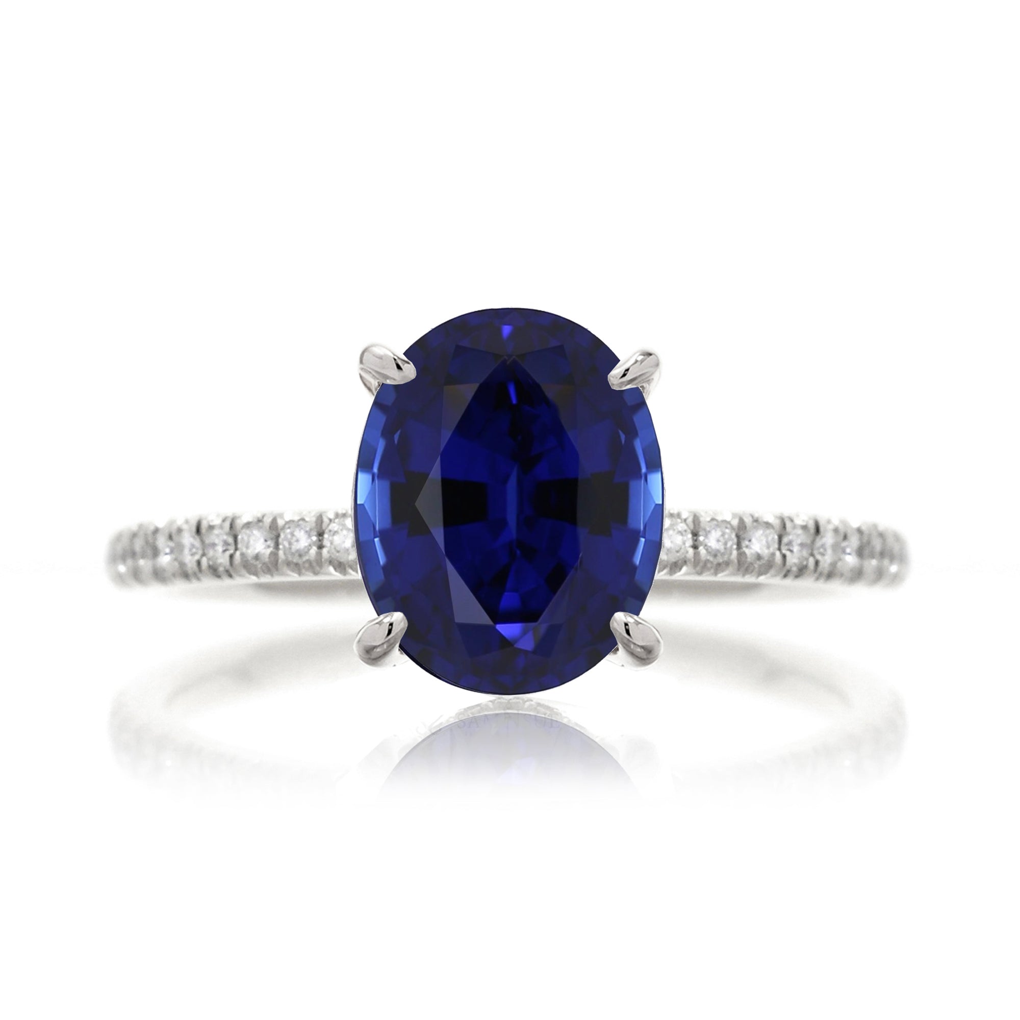 Oval blue sapphire diamond band engagement ring white gold - the Ava