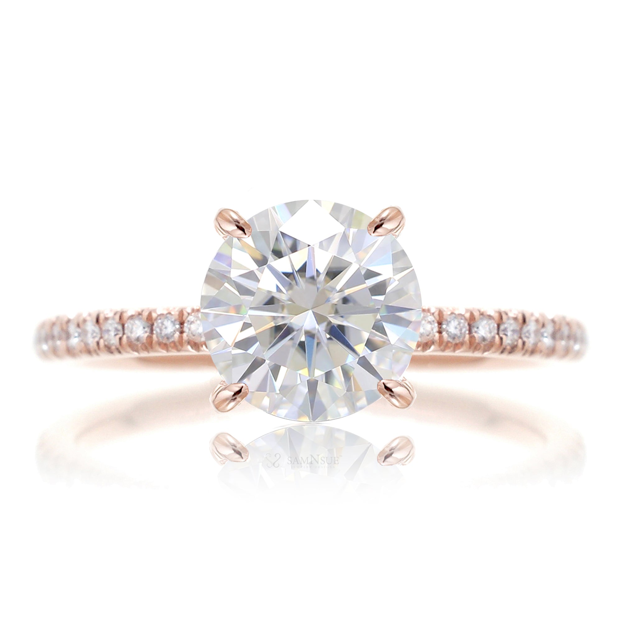 Round brilliant cut moissanite diamond band engagement ring rose gold - The Ava