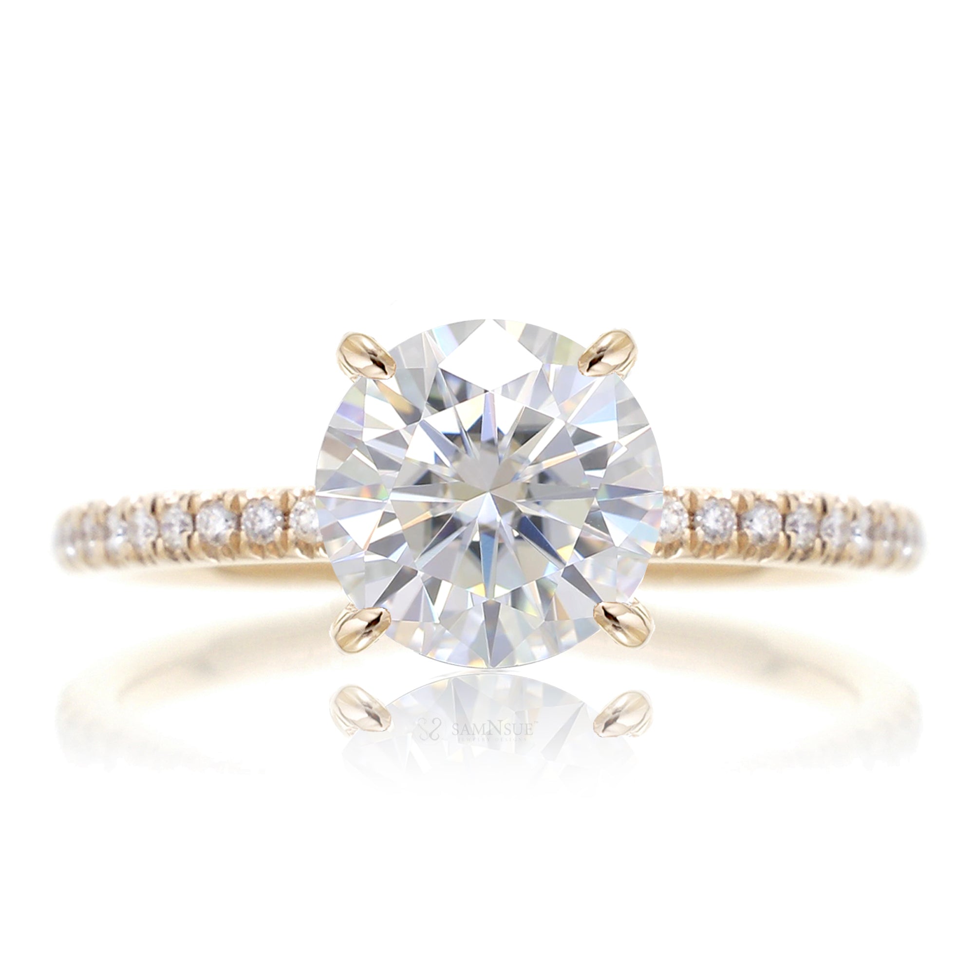 Round brilliant cut moissanite diamond band engagement ring yellow gold - The Ava