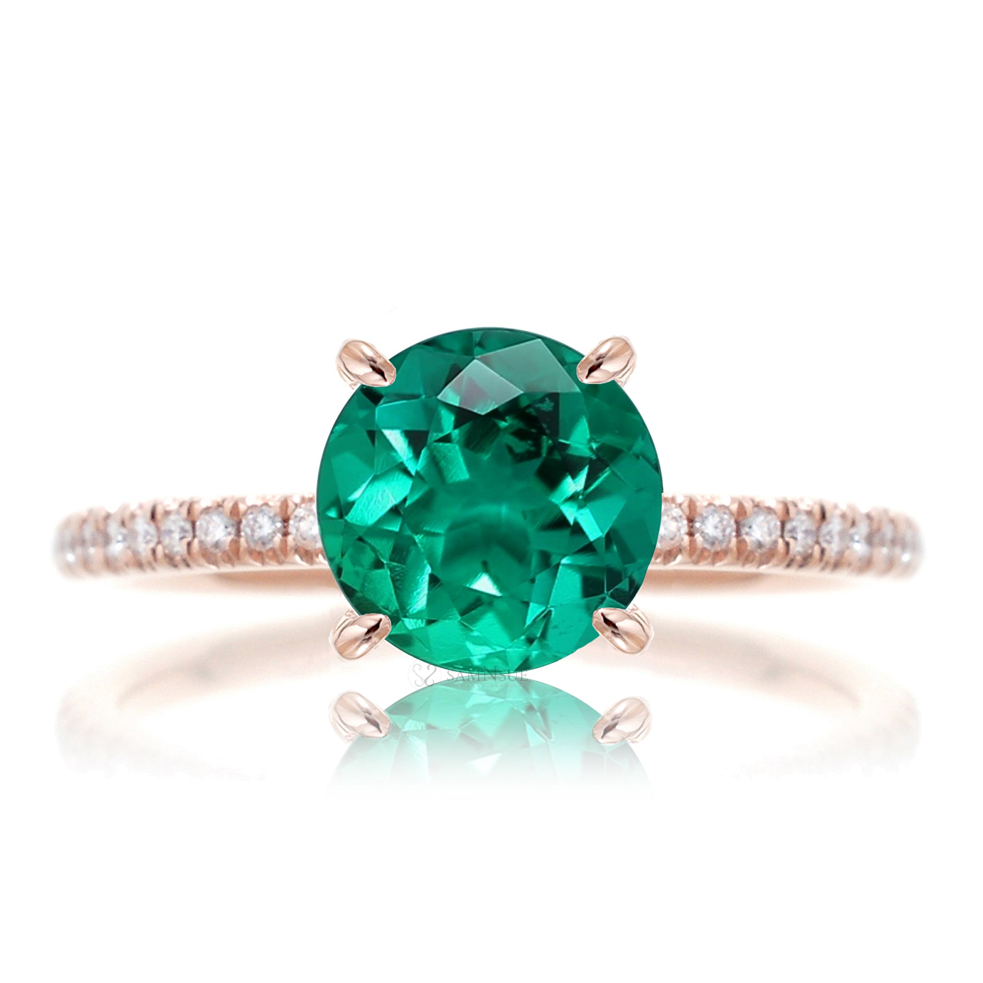Round green emerald diamond band engagement ring rose gold - the Ava