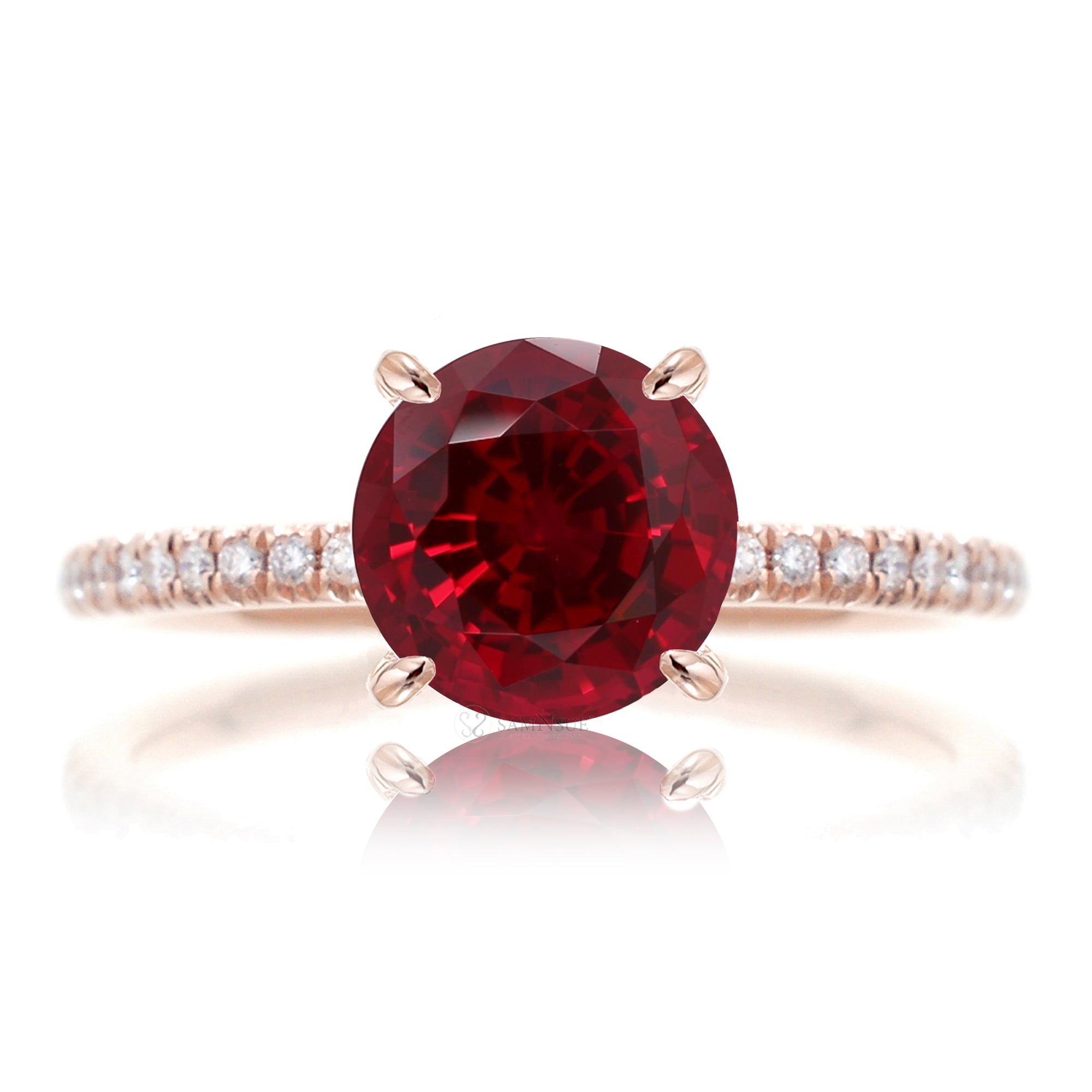 Round cut lab ruby engagement ring diamond band rose gold - the Ava