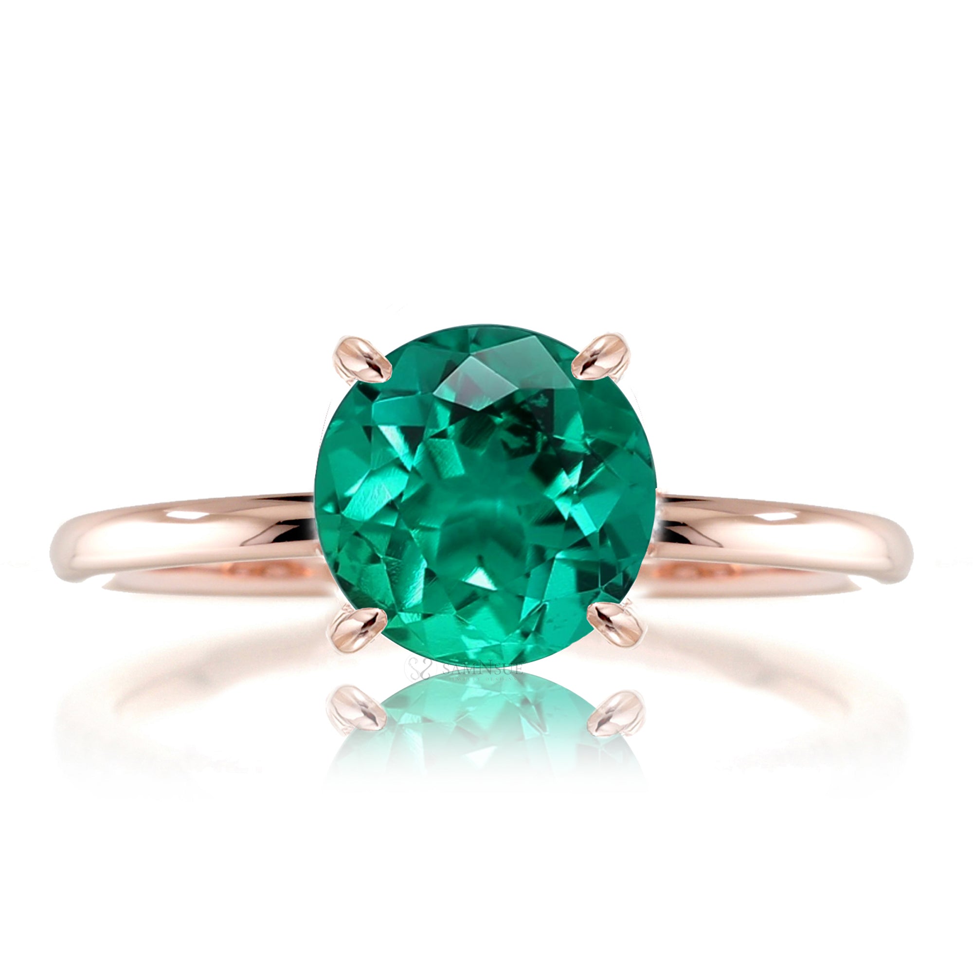 Round green emerald solid band engagement ring rose gold - the Ava