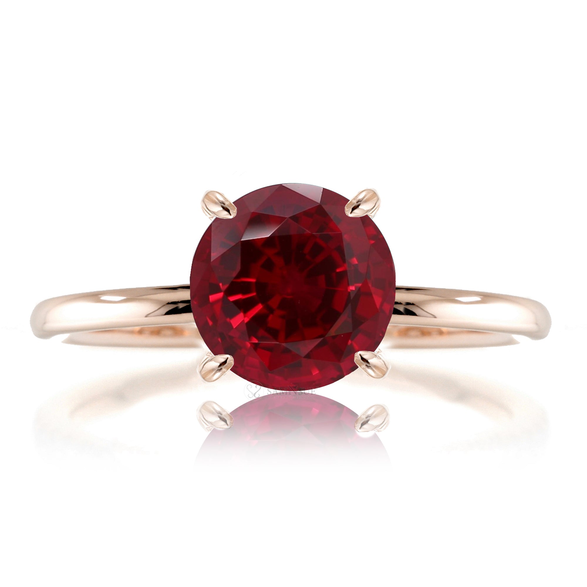 Round cut lab ruby engagement ring solid band rose gold - the Ava