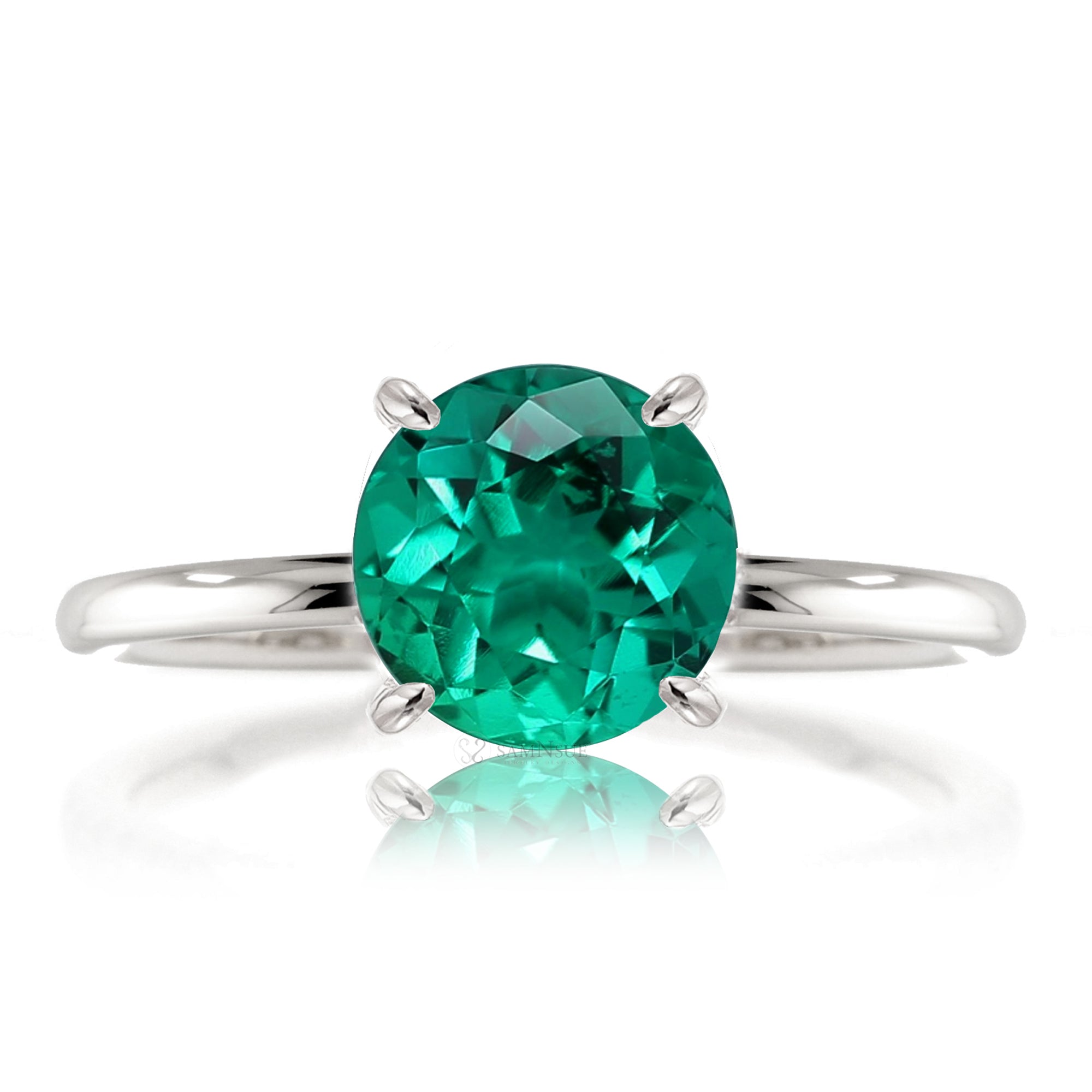 Round green emerald solid band engagement ring yellow gold - the Ava