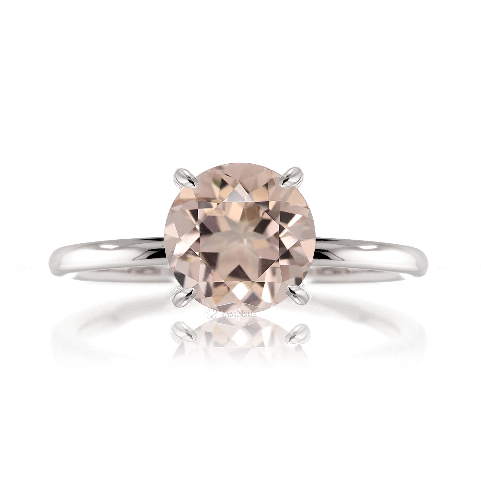 Round morganite solid band engagement ring white gold - The Ava