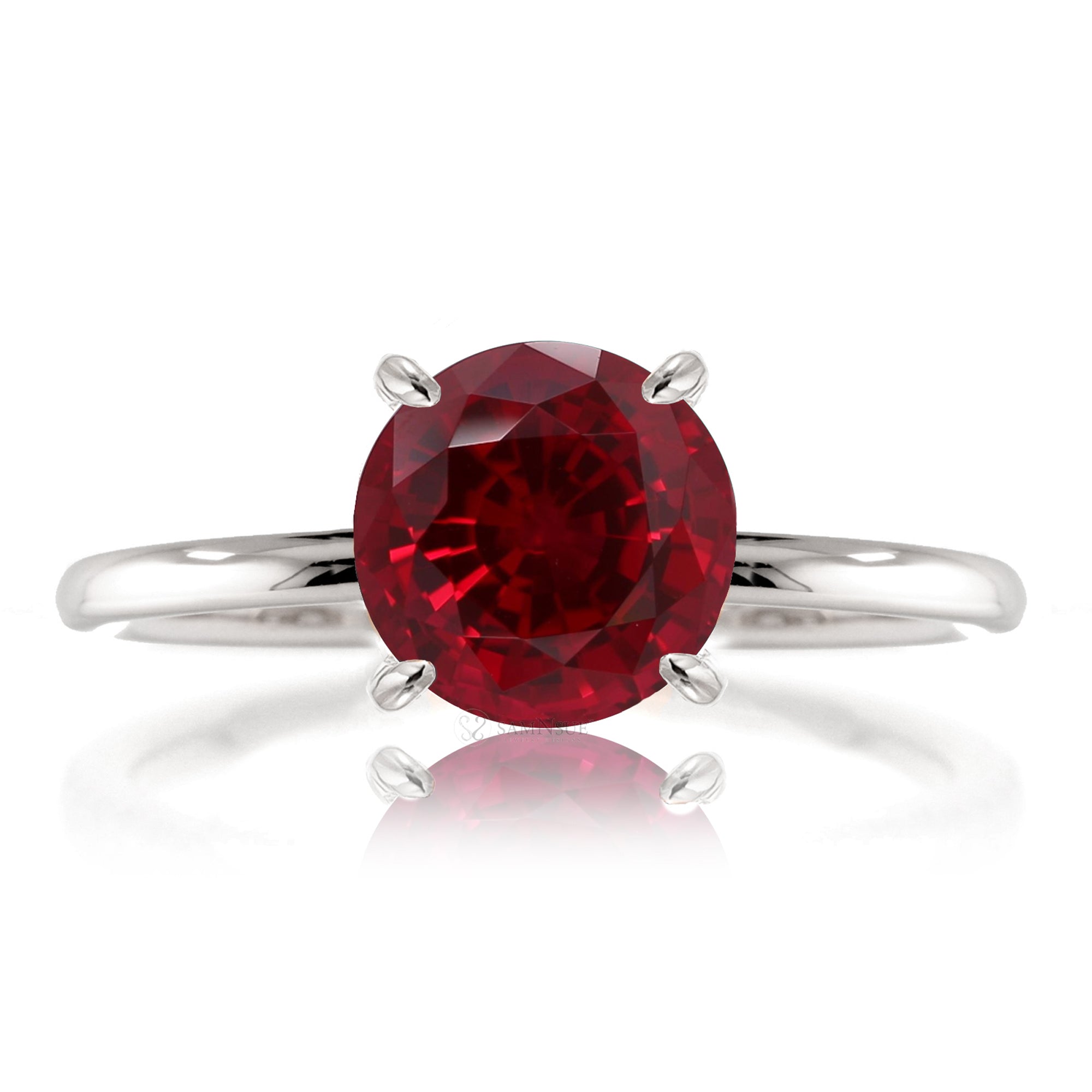 Round cut lab ruby engagement ring solid band white gold - the Ava