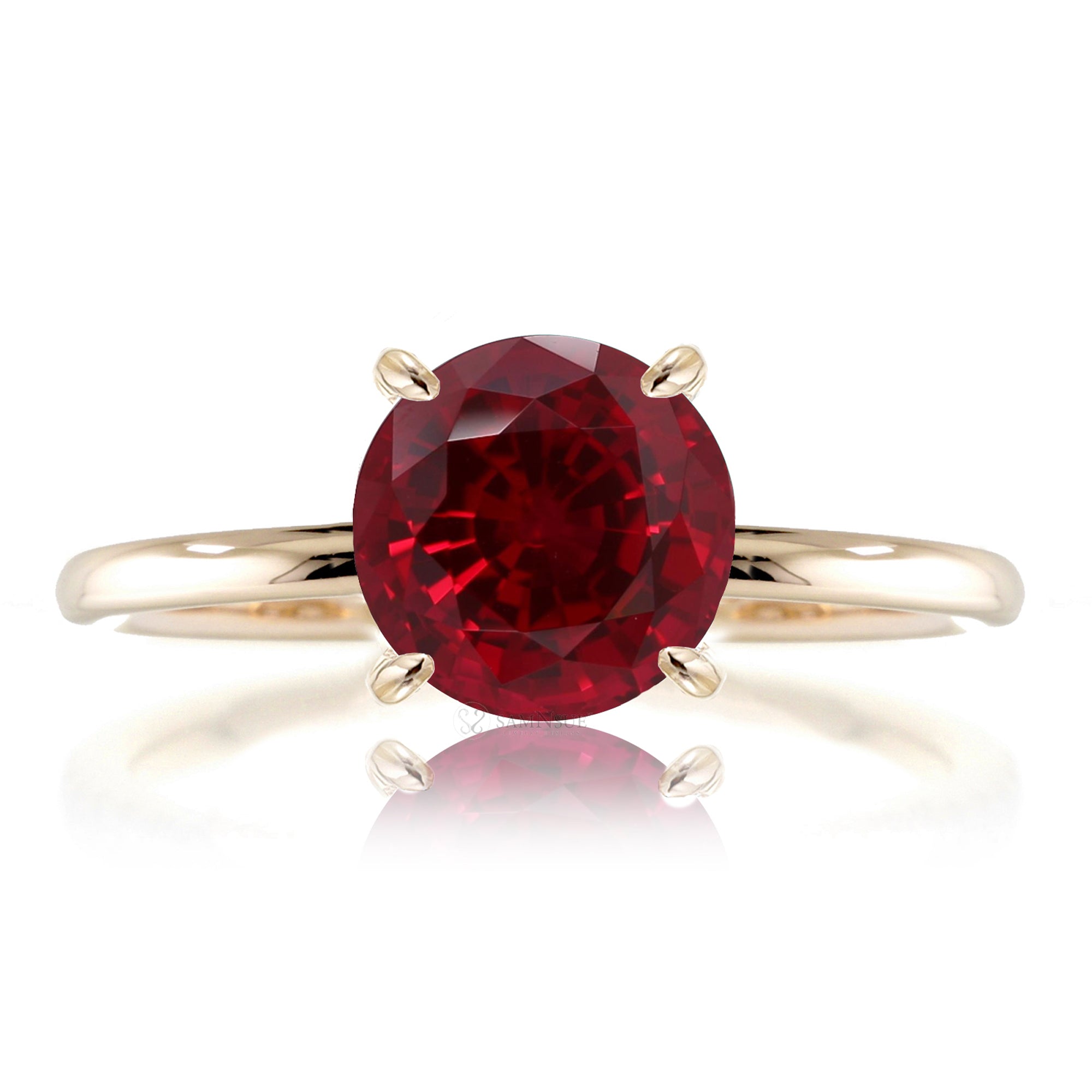 Round cut lab ruby engagement ring solid band yellow gold - the Ava