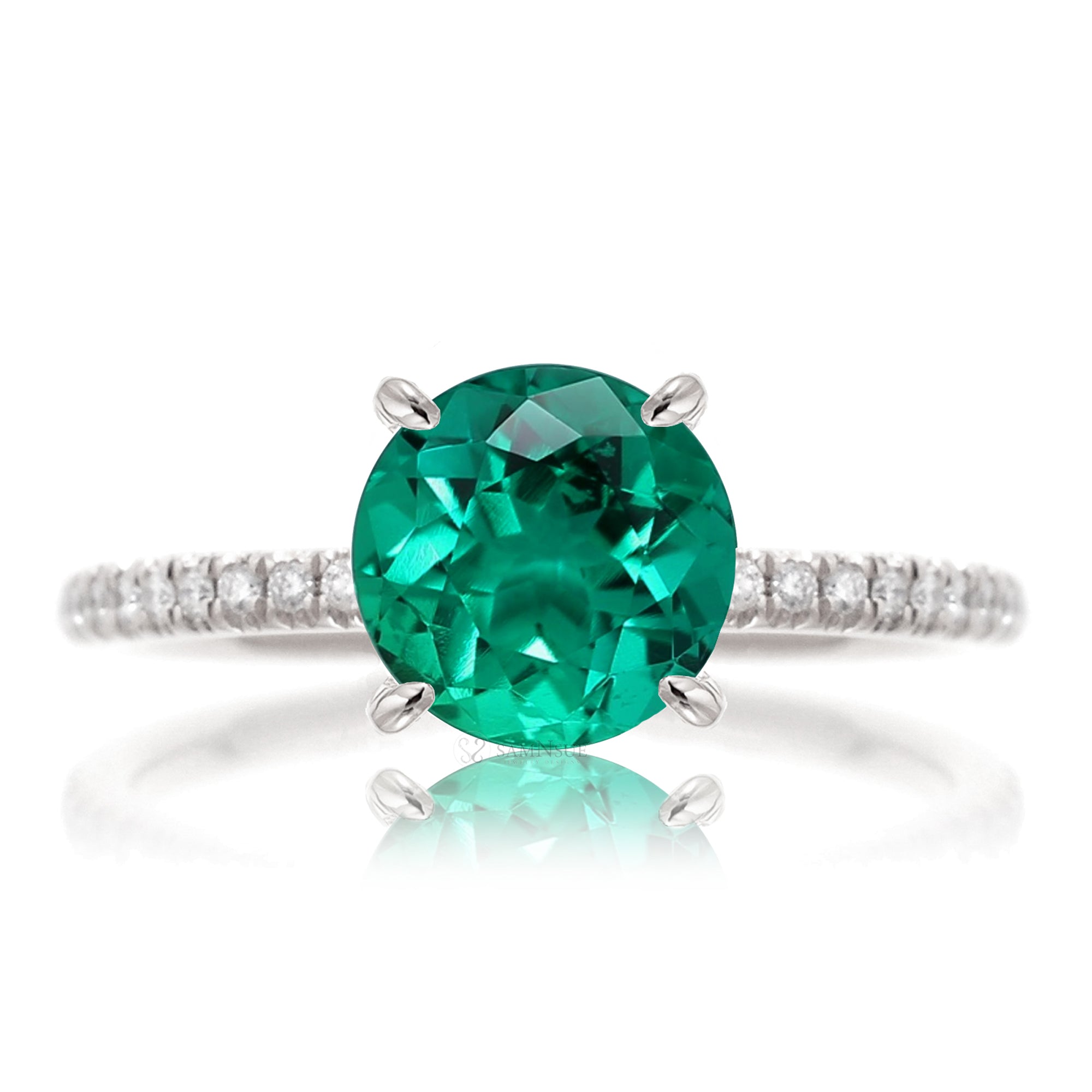 Round green emerald diamond band engagement ring white gold - the Ava