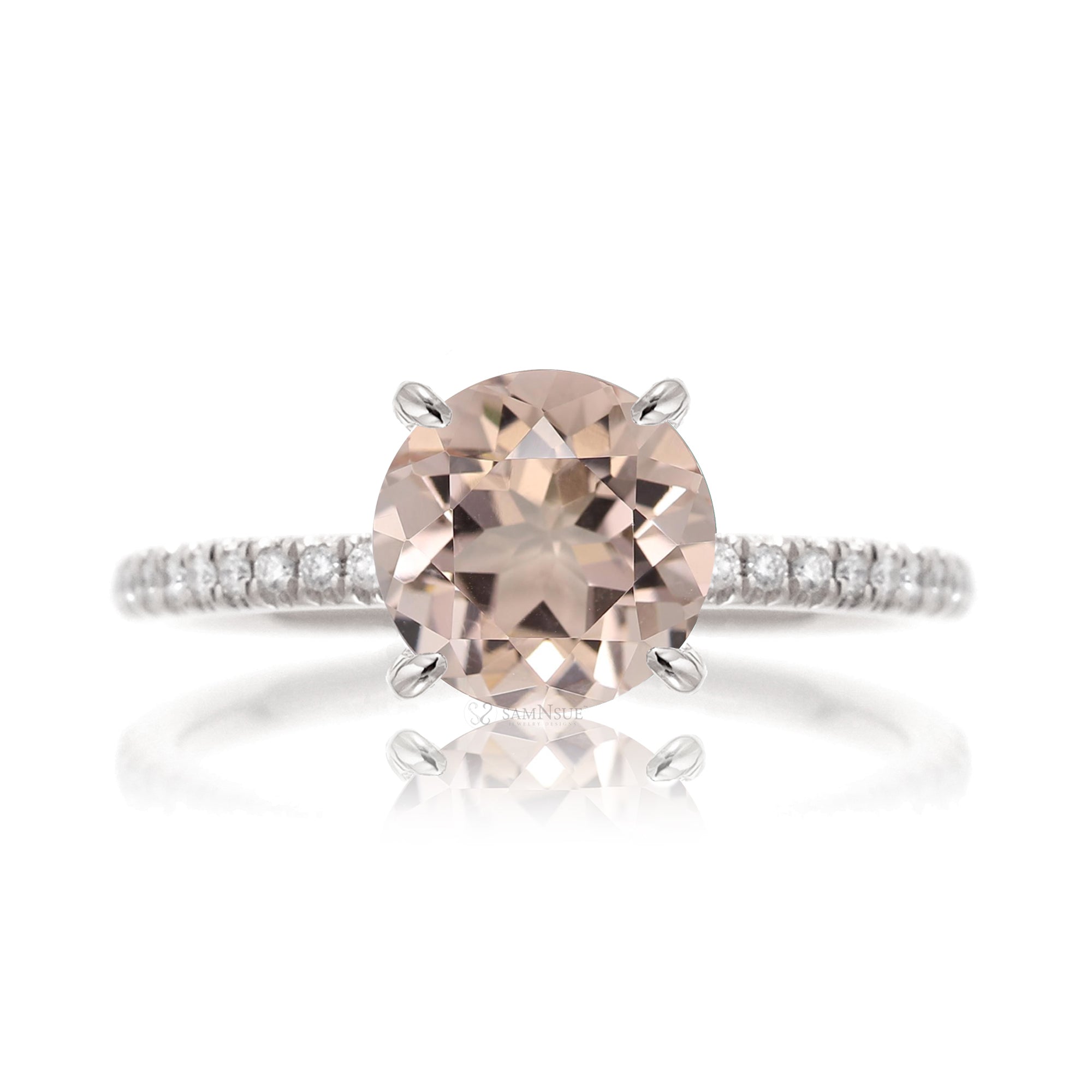 Round morganite diamond band engagement ring white gold - The Ava