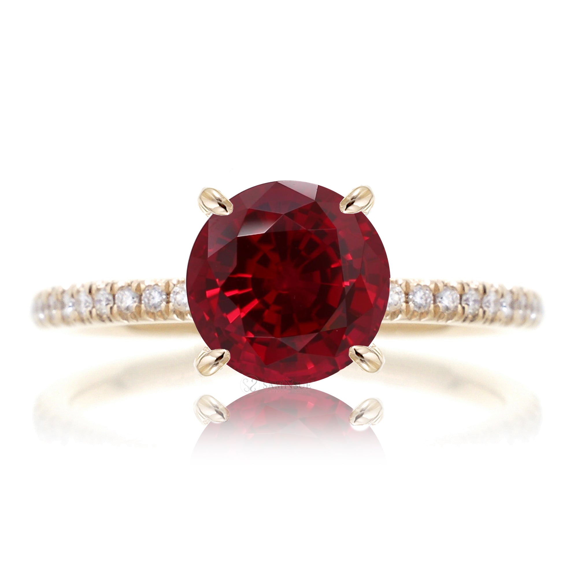 Round cut lab ruby engagement ring diamond band yellow gold - the Ava