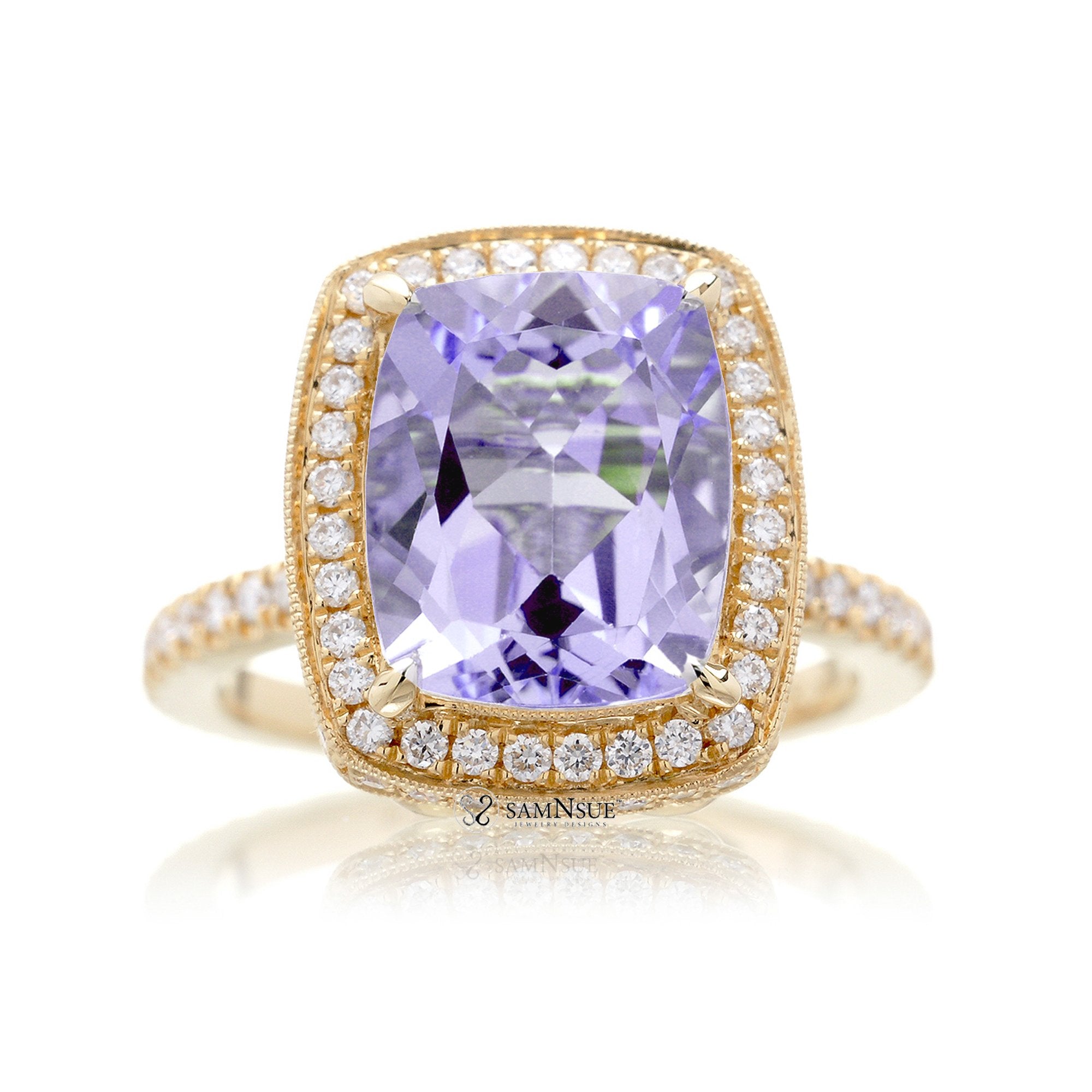 Cushion cut rose de france amethyst with diamond halo and vintage style band yellow gold