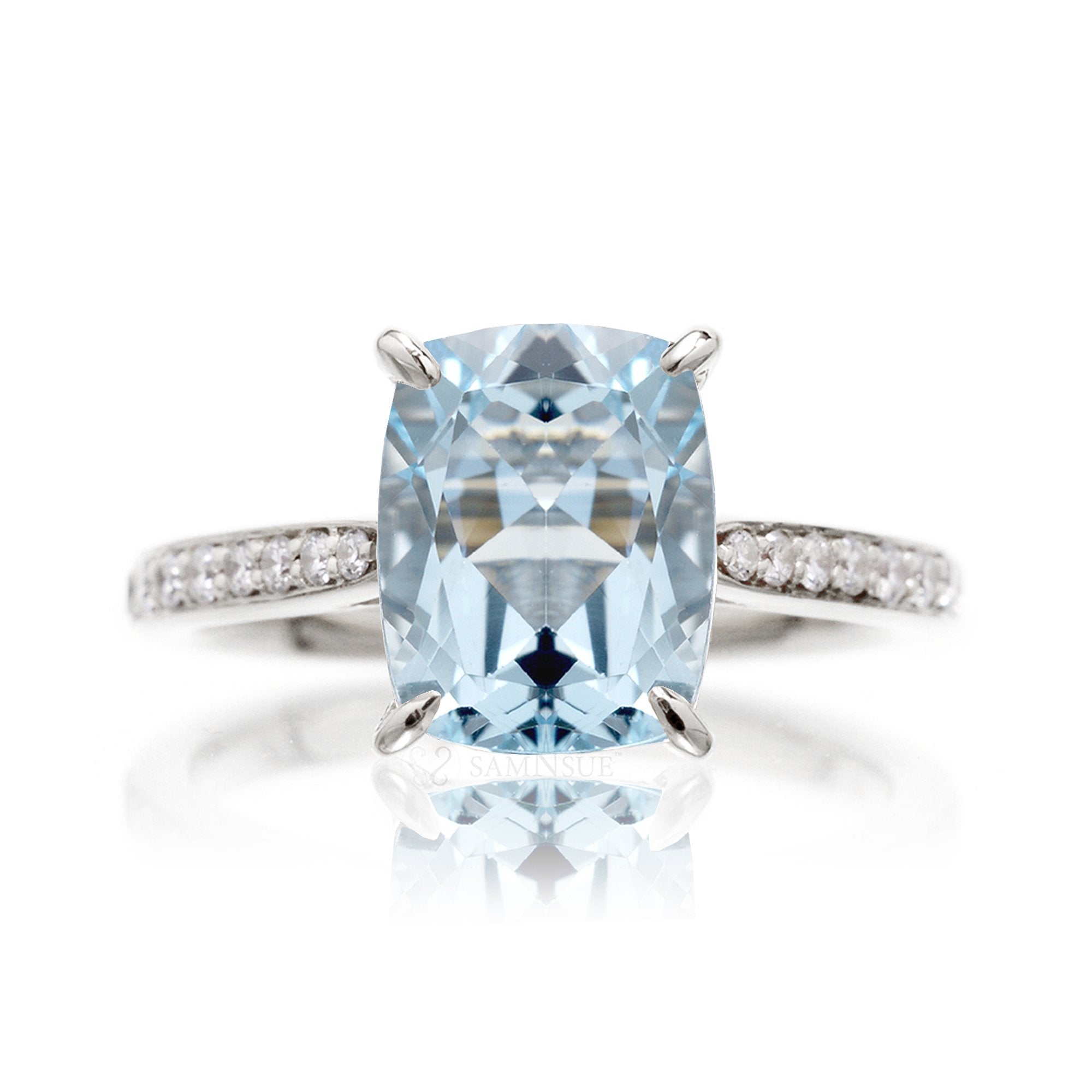 Cushion aquamarine diamond band engagement ring in white gold - the Emily