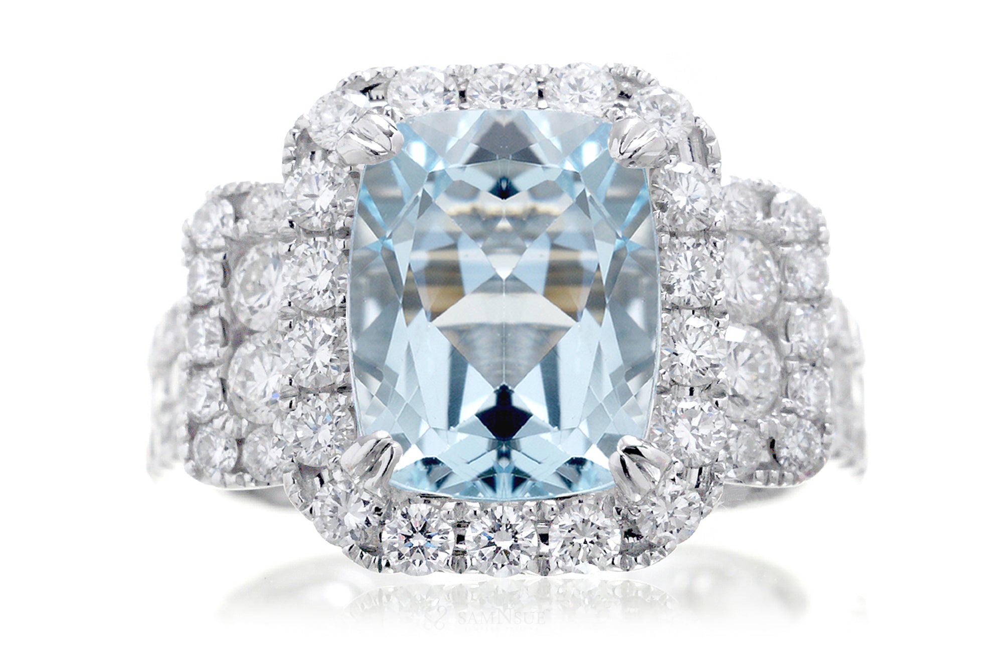Cushion Aqumarine Diamon Halo Engagement Ring | The Sydney White Gold | Platinum