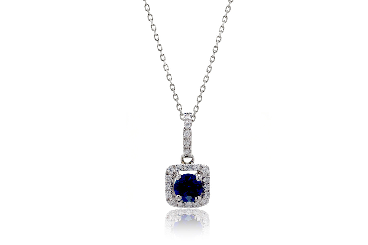 The Round Sapphire With Cushion Diamond Halo Pendant