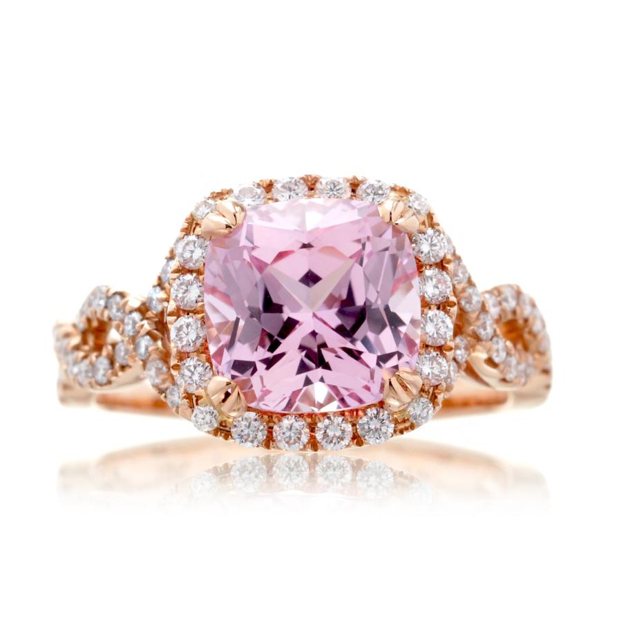 Cushion lab-grown pink sapphire with natural diamond halo and twist shank rose gold ring