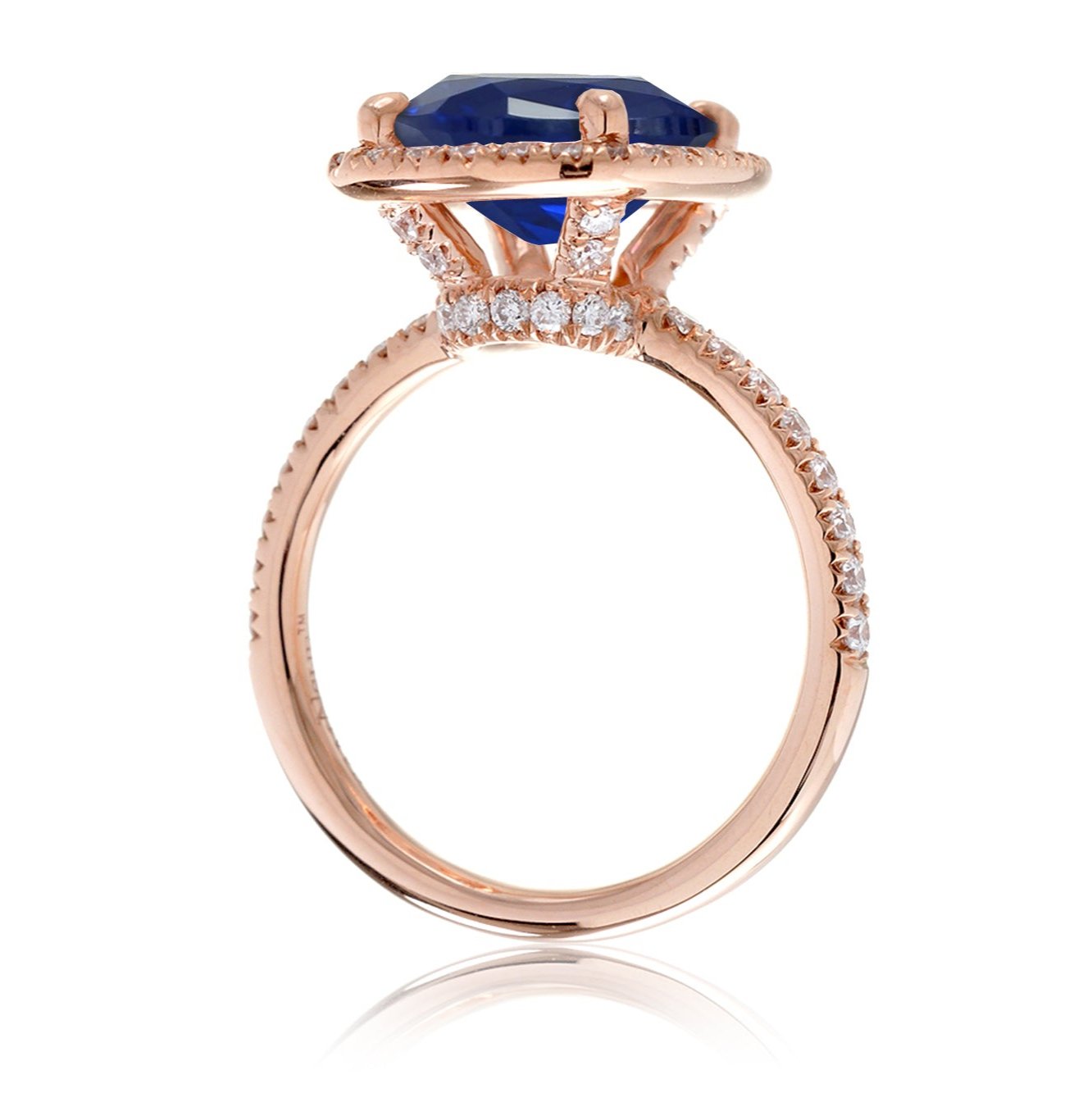 Emerald cut blue sapphire engagement ring diamond halo the Drenched rose gold