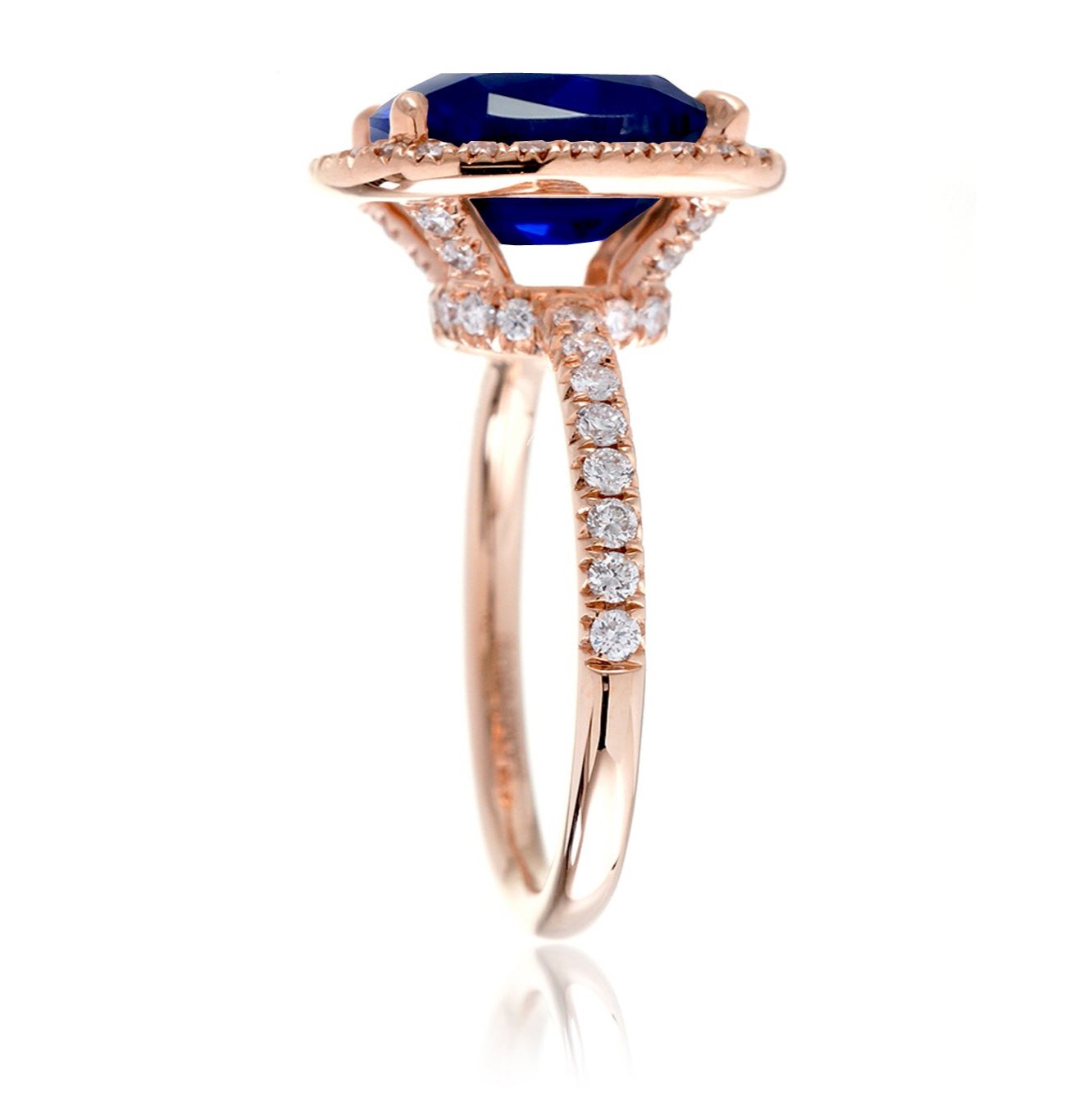 Emerald cut blue sapphire engagement ring diamond halo the Drenched rose gold