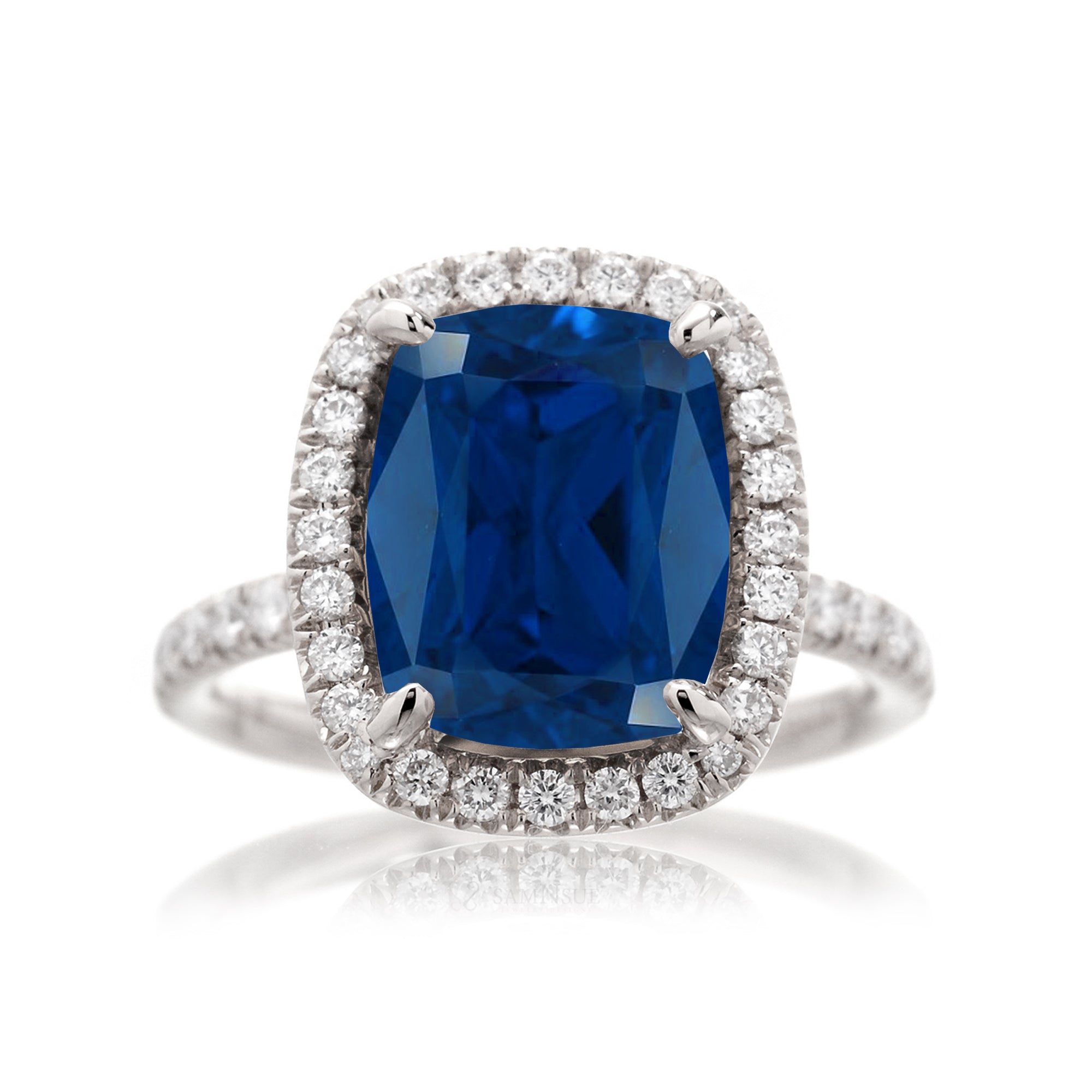 Blue sapphire ring with diamond halo The Drenched engagement white gold