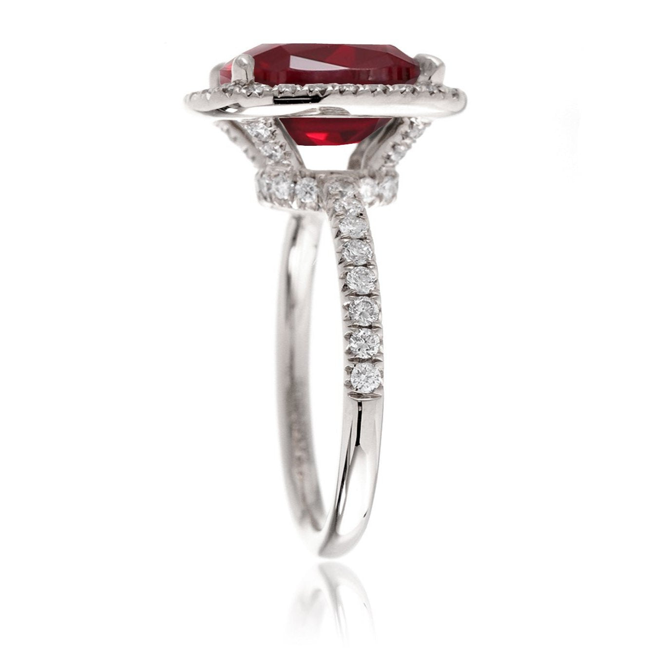 Oval cut ruby and diamond engagement ring the Drenched white gold profile view