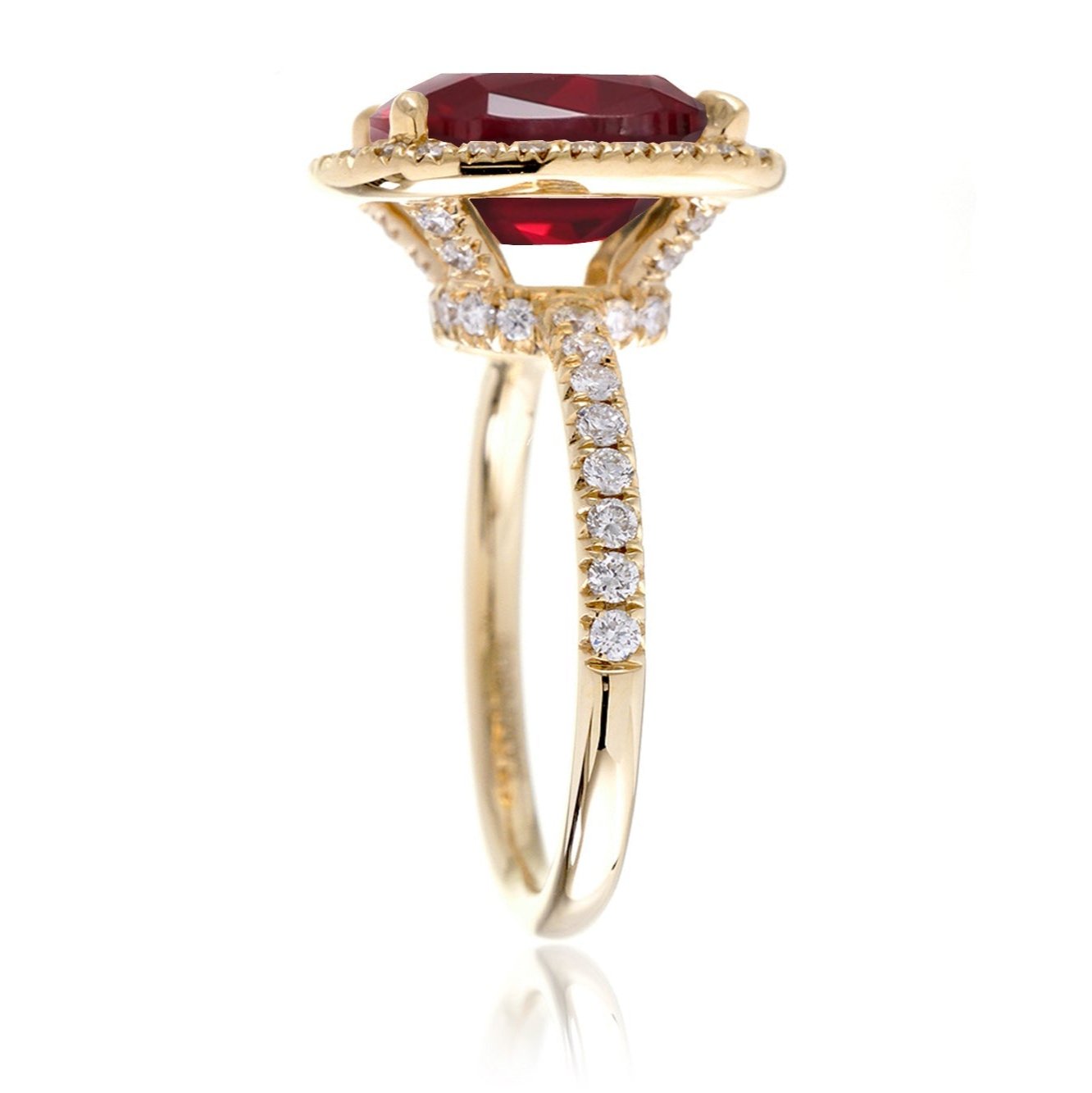 Oval cut ruby and diamond engagement ring the Drenched yellow gold profile view