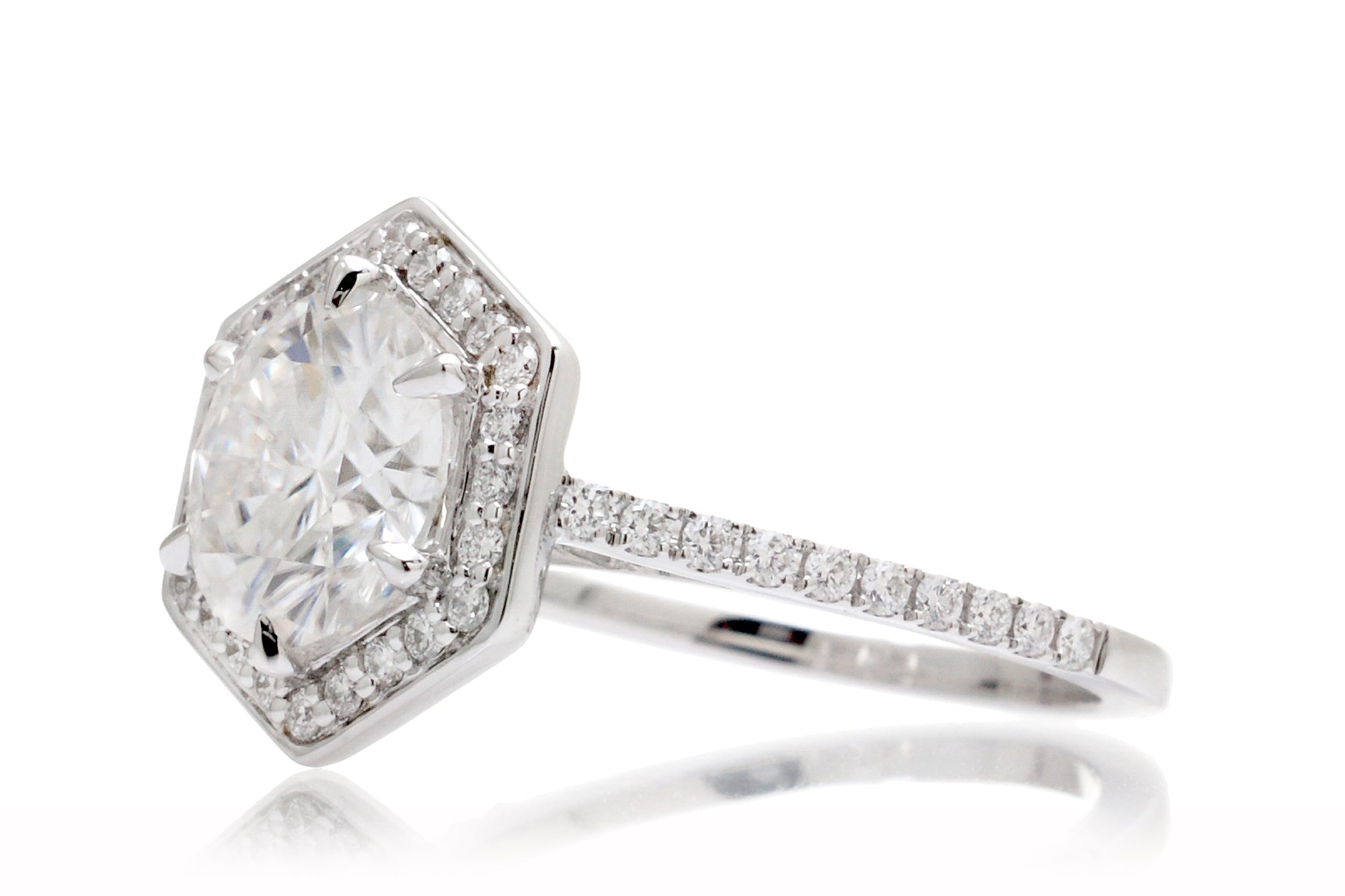 The Hexagon Shape Steffy Round Moissanite Ring