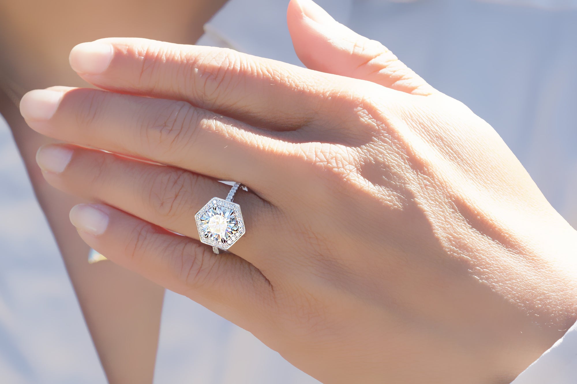 The Hexagon Shape Steffy Round Moissanite Ring