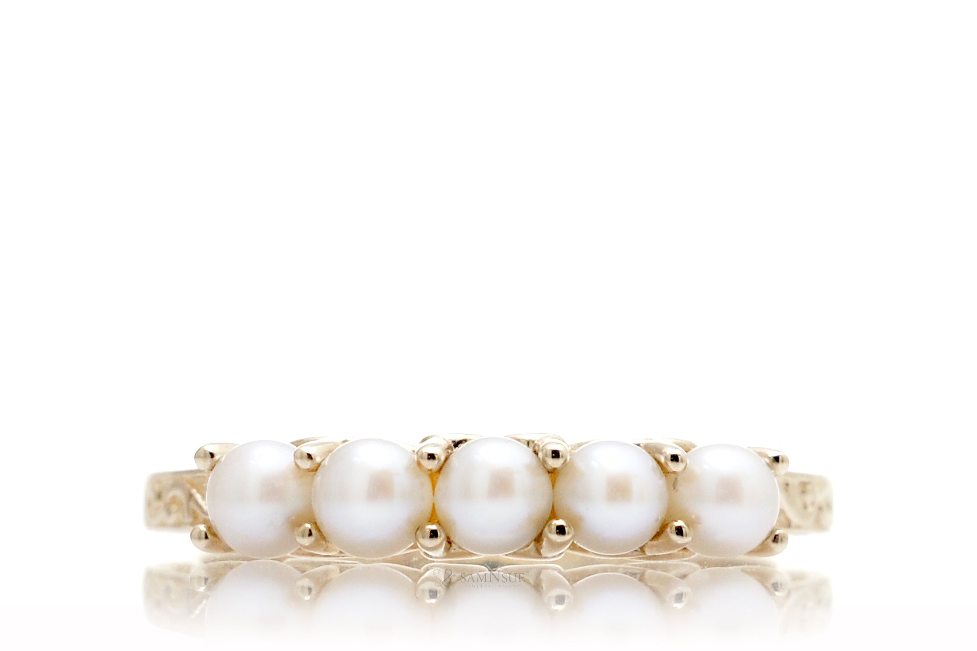 Five pearl scroll wedding anniversary band in yellow gold