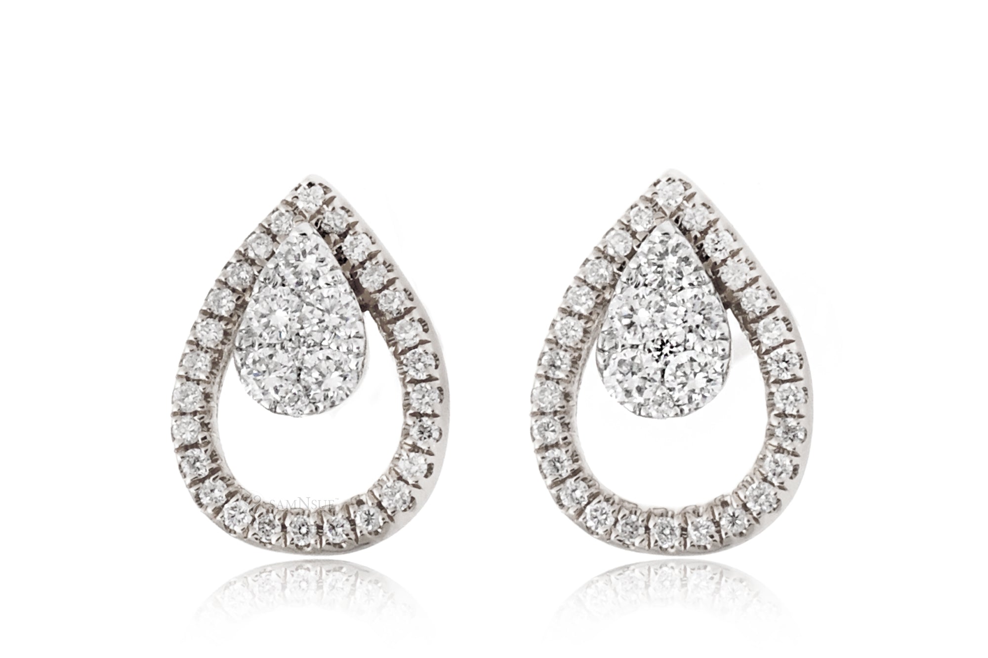 Pear Shape Diamond Teardrop Pave Halo Stud Earrings in White Gold