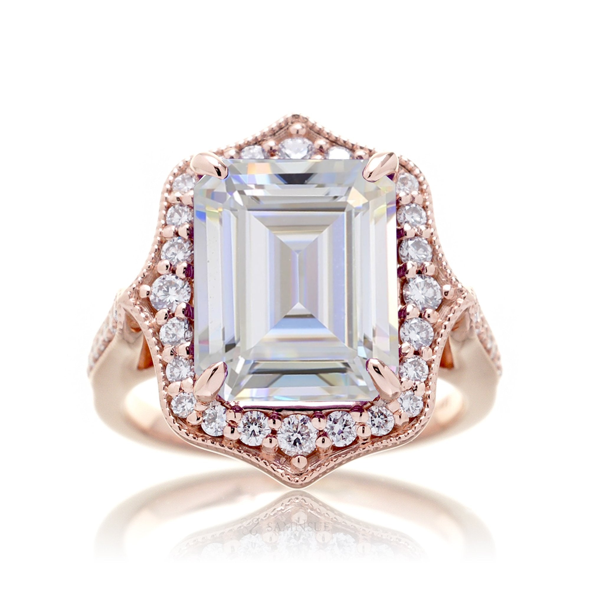 Art Deco Inspired Moissanite and Diamond Ring in Rose Gold