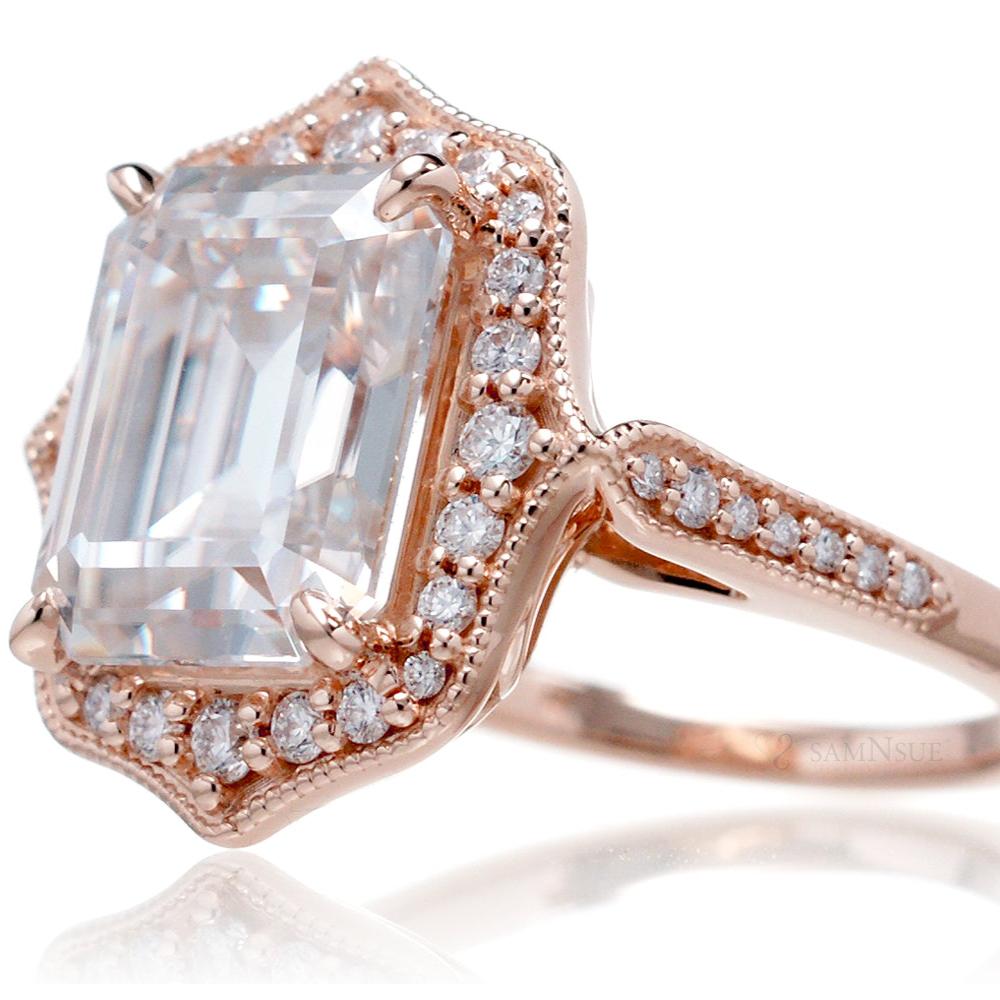 Art Deco Inspired Moissanite and Diamond Ring in Rose Gold