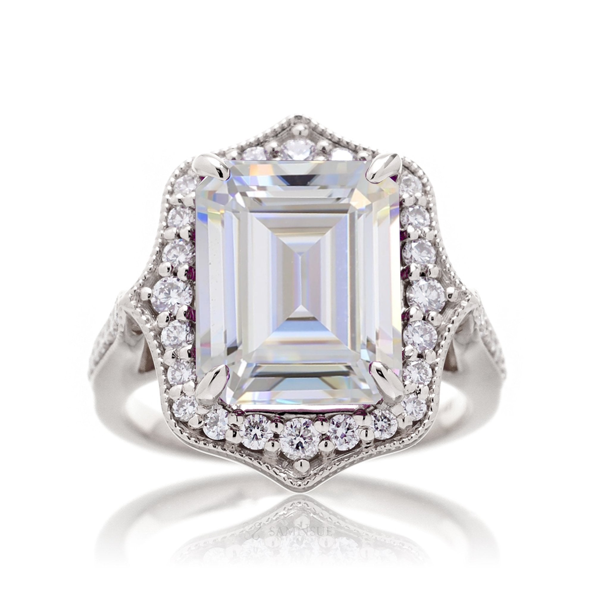 Emerald-Cut Moissanite and Diamond Ring in White Gold