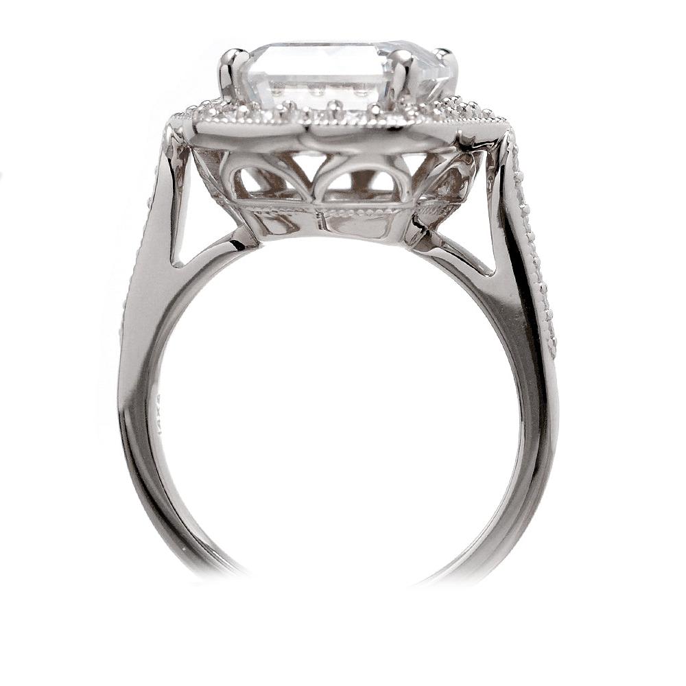 Emerald-Cut Moissanite and Diamond Ring in White Gold