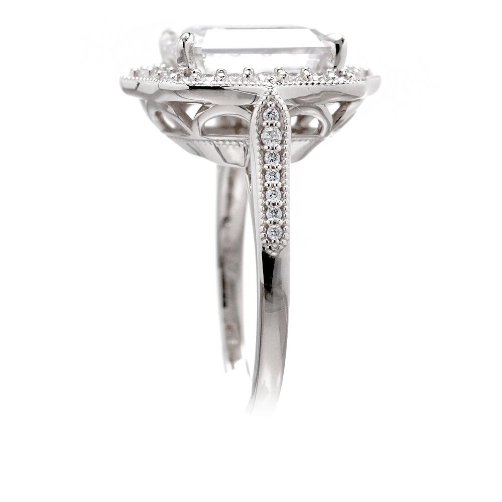 Emerald-Cut Moissanite and Diamond Ring in White Gold