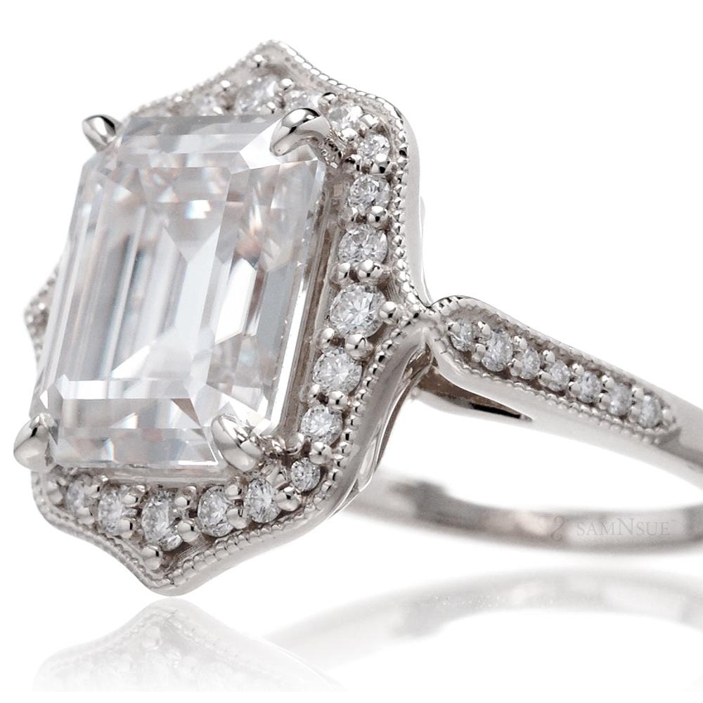 Emerald-Cut Moissanite and Diamond Ring in White Gold