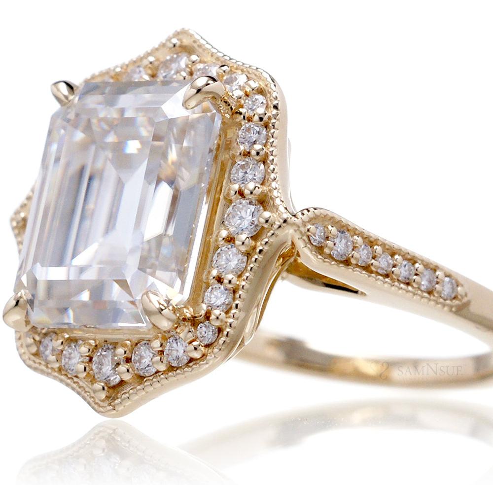 Vintage Moissanite Diamond Halo Ring in Yellow Gold