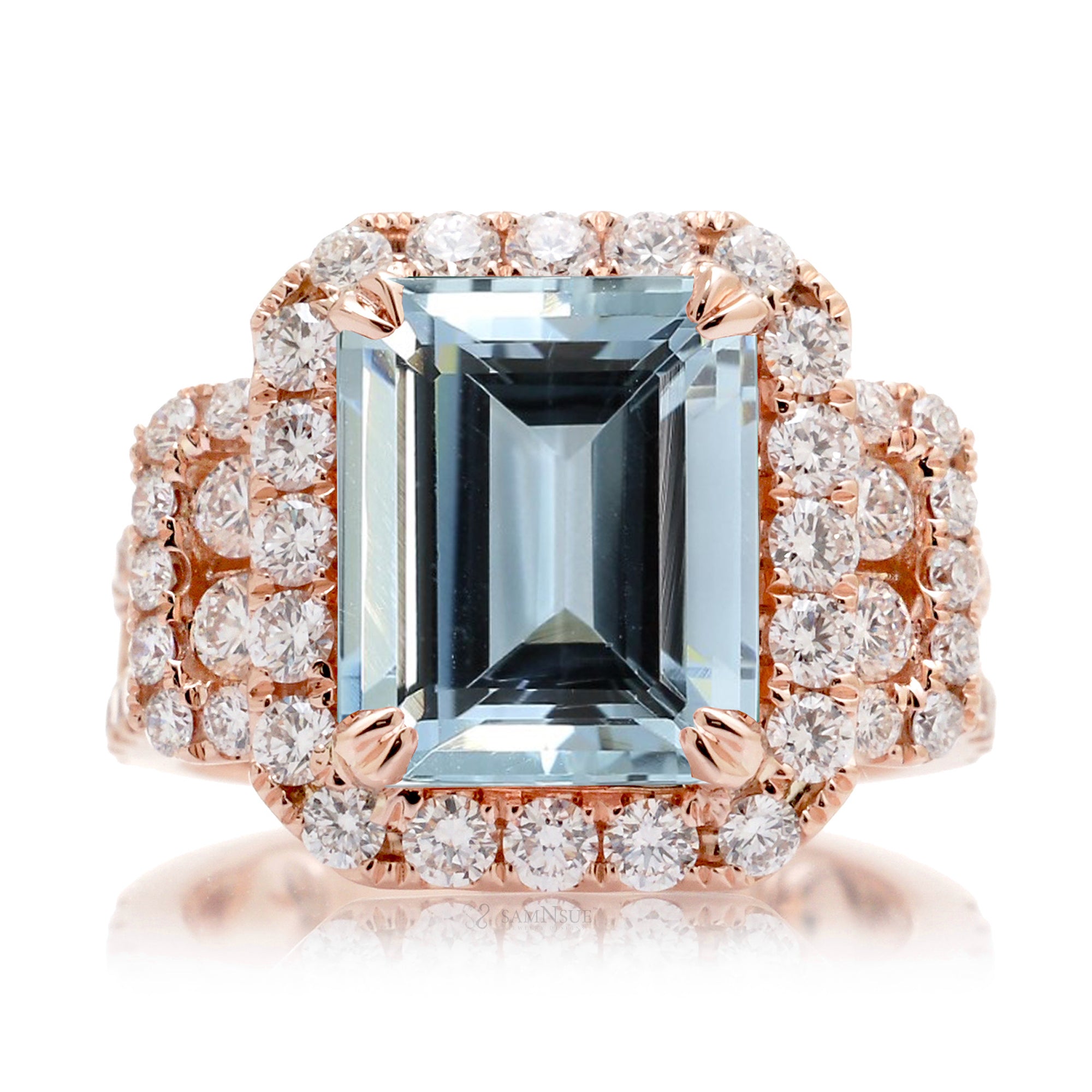 Emerald cut aquamarine with diamond halo and three stone bold wide setting engagement anniversary ring in rose gold