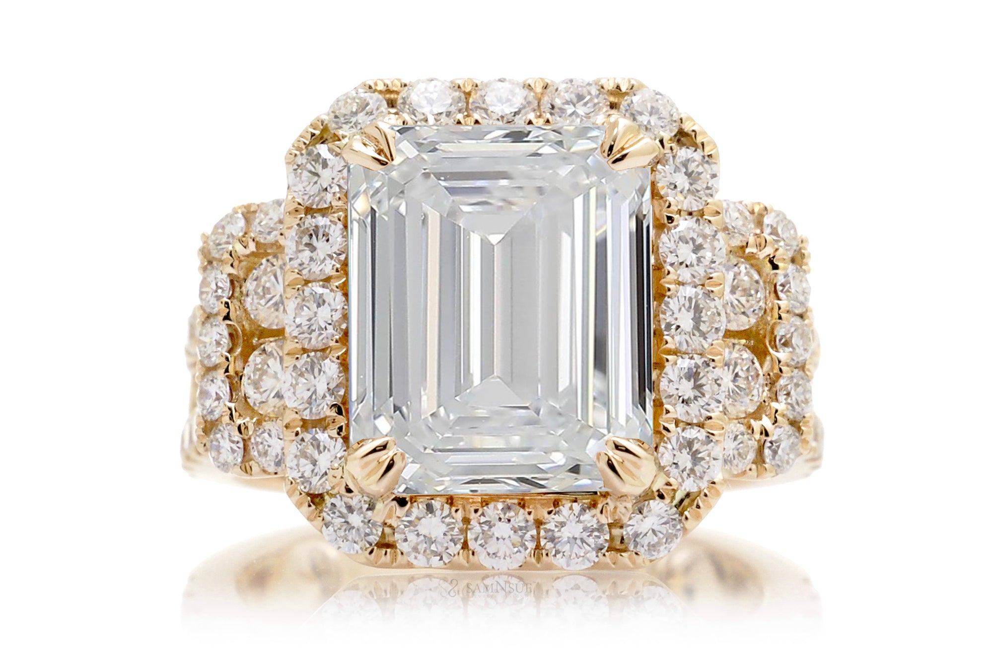 Emerald Cut Lab-Grown Diamond Engagement Ring With Halo Yellow Gold