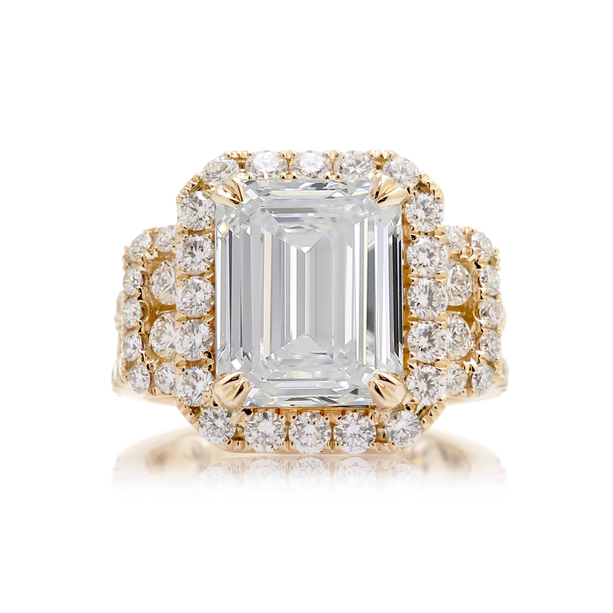 Emerald Cut Lab-Grown Diamond Engagement Ring With Halo Yellow Gold